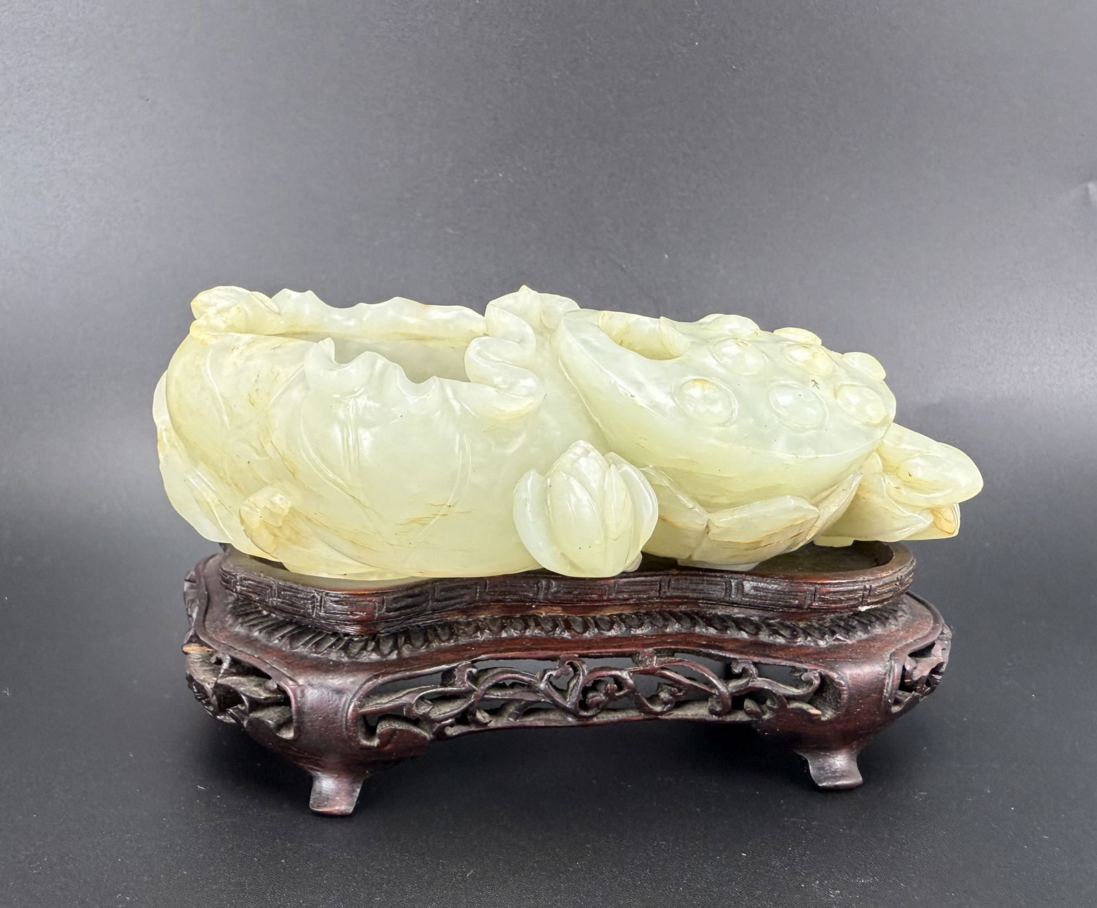 A Chinese Carved Lotus Jade Brush Washer with Wooden Stand, W 15cm(6 in.) x D 9 cm(3.5 in.) x H 4.6 (1 of 7)
