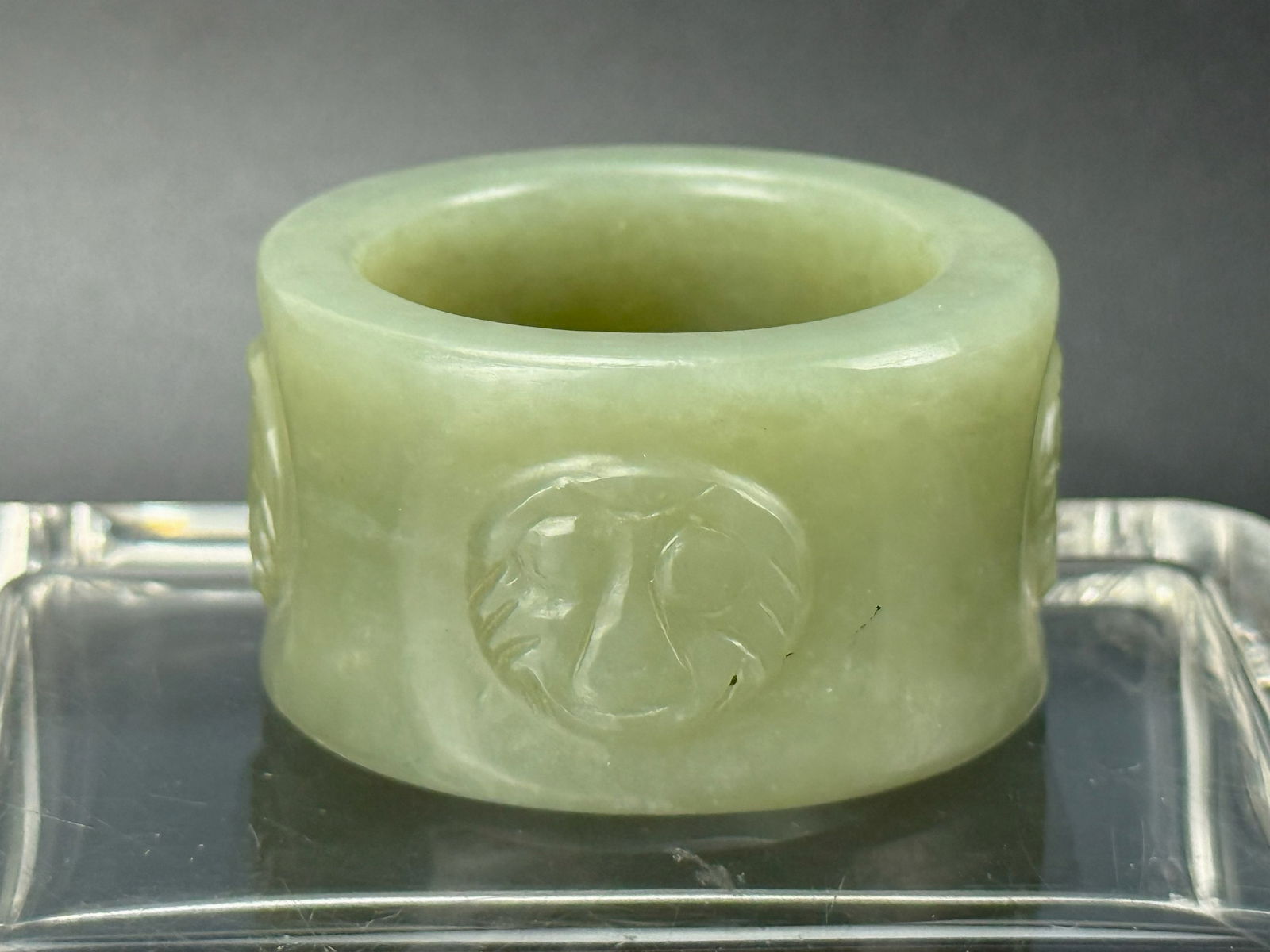 Chinese Celadon Jade Carved CONG With Human Masks,size 4.5 x 2.5 cm.Preview from Feb 23rd to 27th (1 of 4)