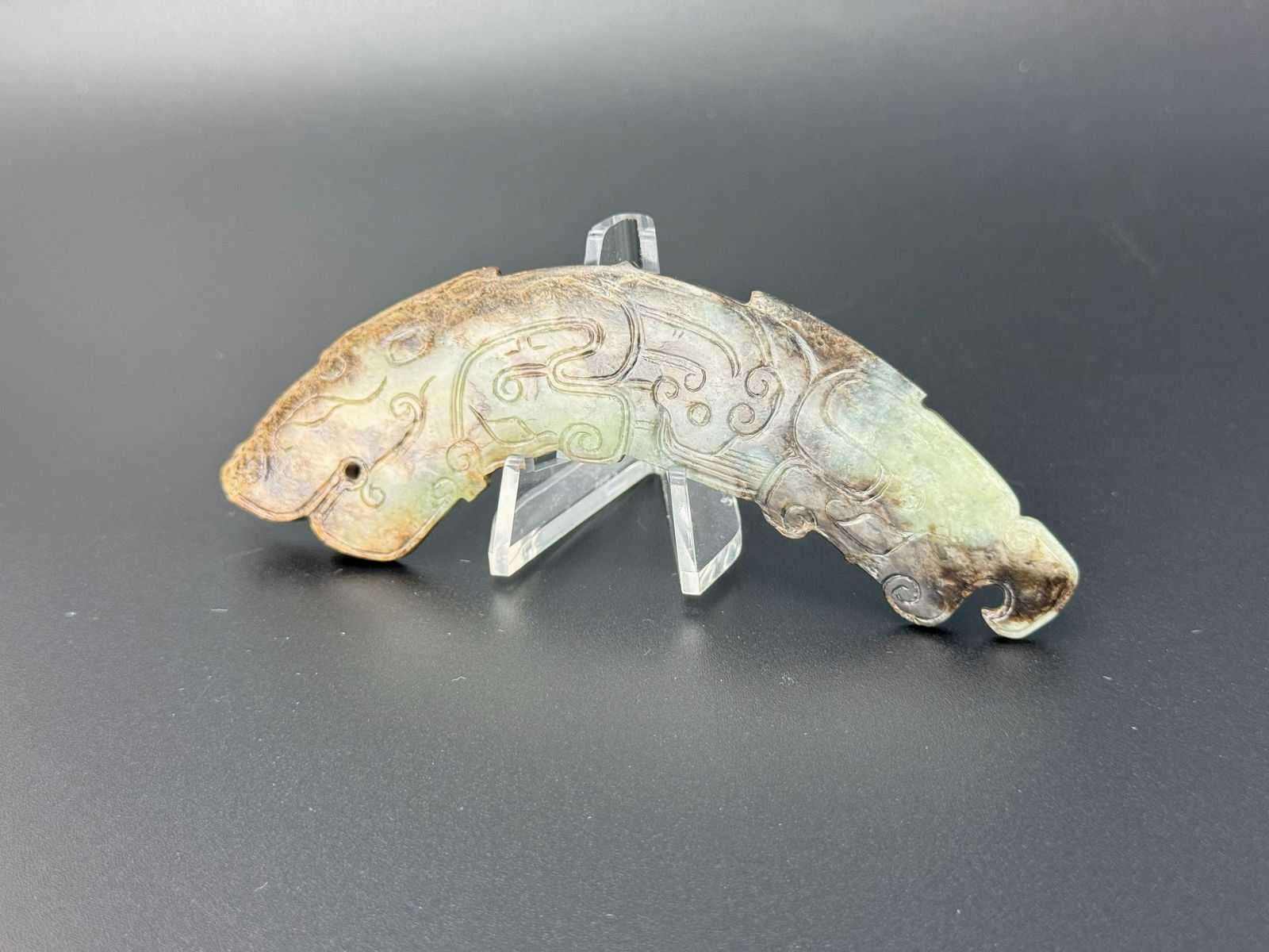 Chinese Celadon Jade HUANG with Black Calcification Pattern, with Dragon and Tiger,in the original (1 of 4)