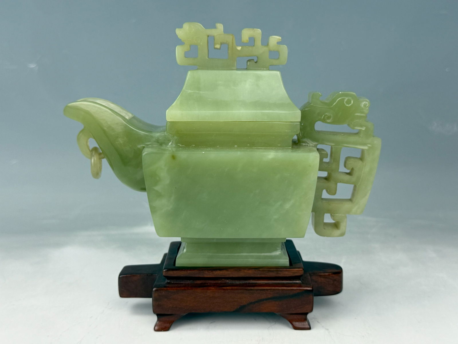 A Chinese Hetain Celadon Jade Carved Teapot Imitating Archaic Bronze Wine Vessel,with wood stand, W (1 of 8)