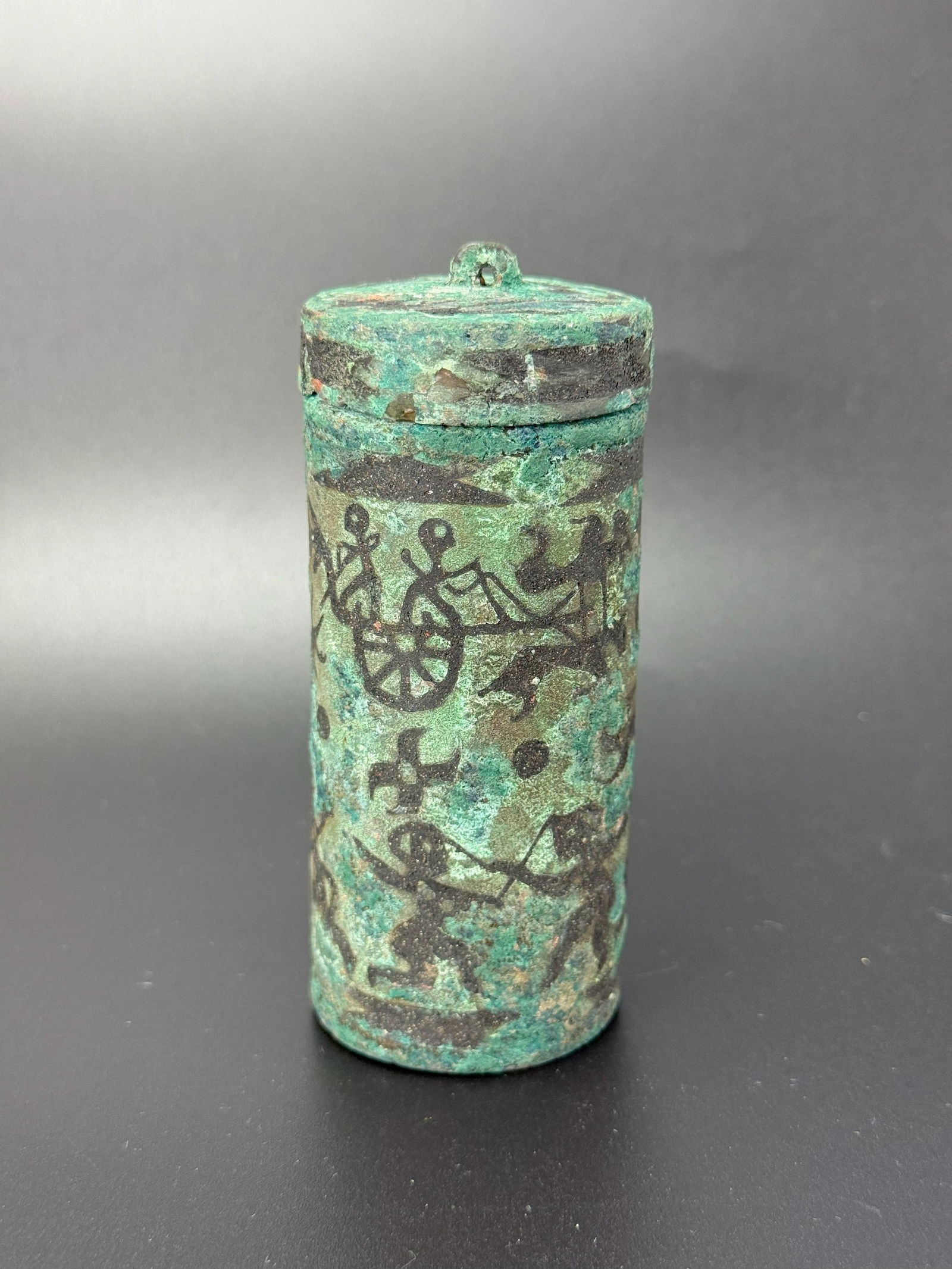 Chinese Bronze Cast LIAN Vessel with Hunting Secene, H 10 cm( 4 in.)x W 4 cm(1.5 in.),Preview from: Chinese Bronze Cast LIAN Vessel with Hunting Secene, H 10 cm( 4 in.)x W 4 cm(1.5 in.),Preview from Feb 23rd to 27th from 1:00 PM TO 5:00 PM Eastern Time, Location: 15229 Display Court, Rockville, MD 2