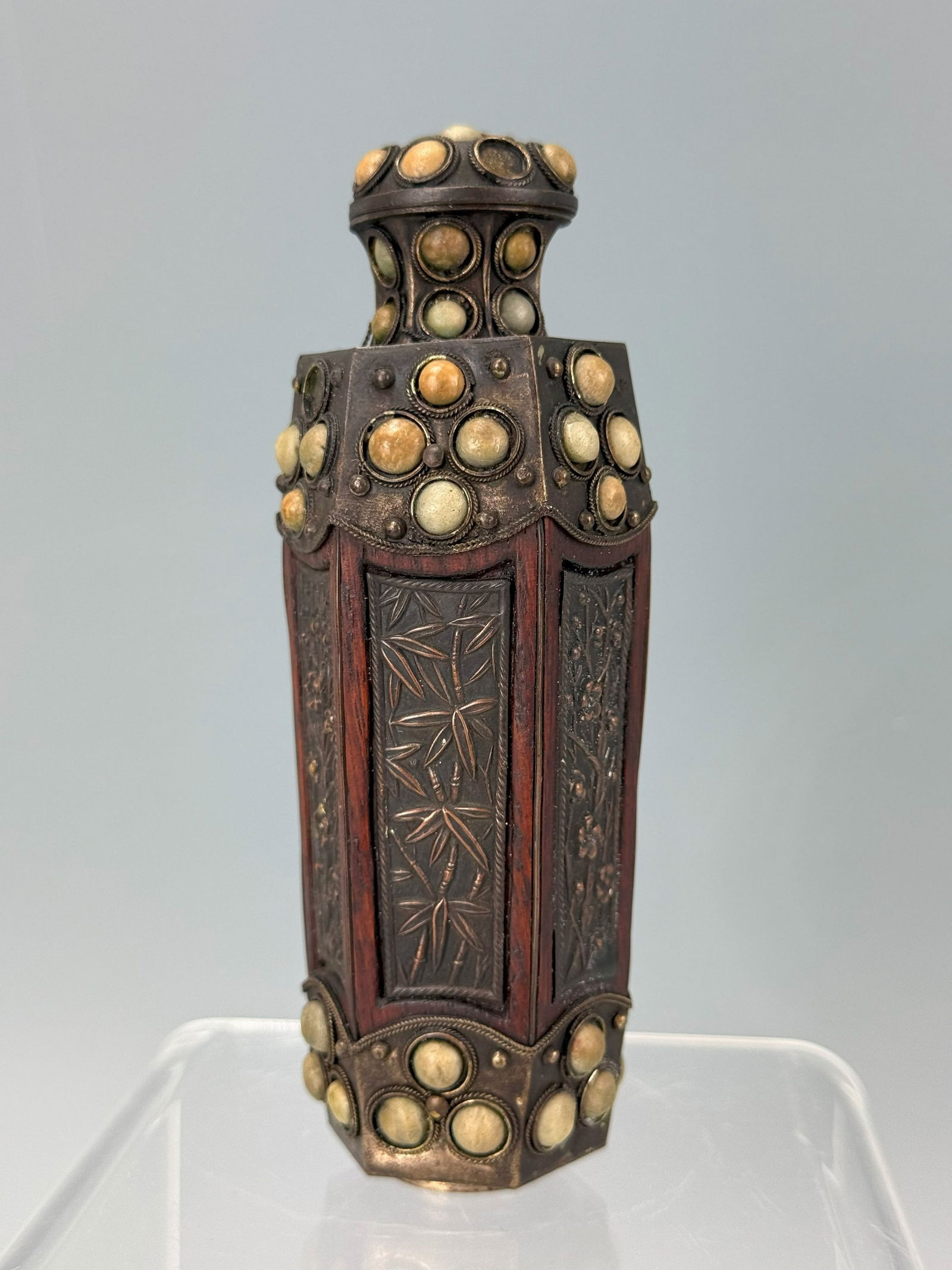 A Large Octagonal Metal and Wood Snuff Bottle with incised Flower and inlaid with soft (1 of 6)