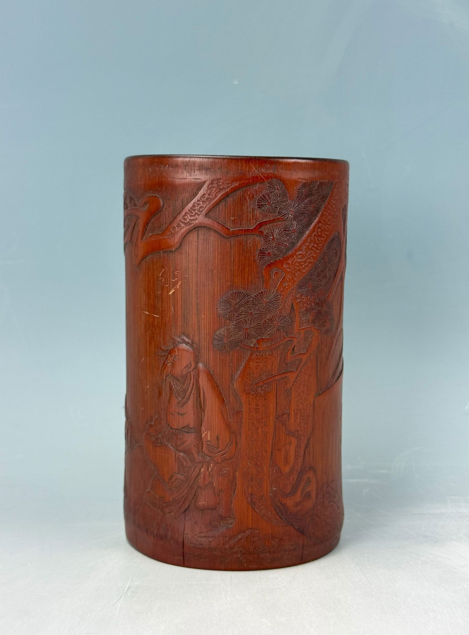 A Chinese Bamboo Brush Pot Carved in Low Relief pine Trees and Scholars,Signed by Wu Zhifan,H 15 (1 of 7)