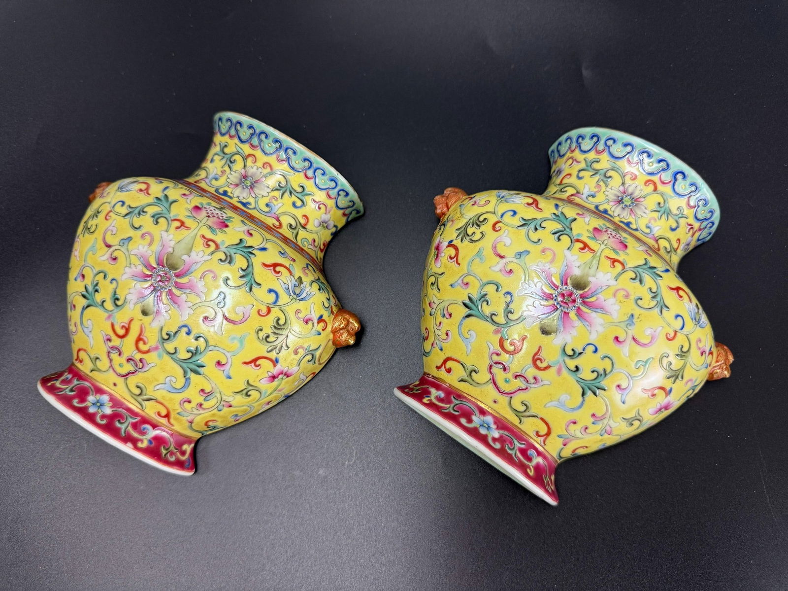 Pair of Chinese Famille Jaune Wall Vases Qianlong Mark: Pair of Chinese Famille Jaune Wall Vases Qianlong Mark, H 14 cm (2.5 in.) x W 14 cm (2.5 in.), Preview from Feb 23rd to 27th from 1:00 PM TO 5:00 PM Eastern Time, Location: 15229 Display Court, Rockvi
