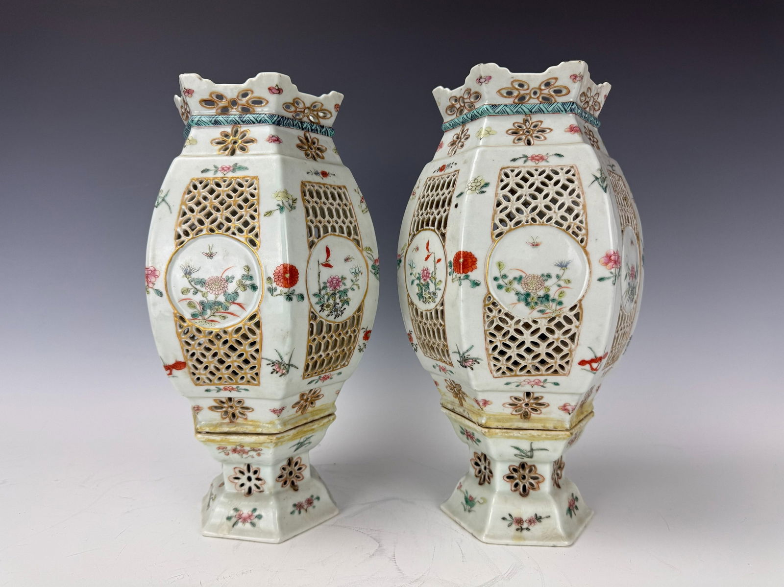 Pair of Chinese Famille Rose Hexagon Porcelain Lanterns (1 of 8)