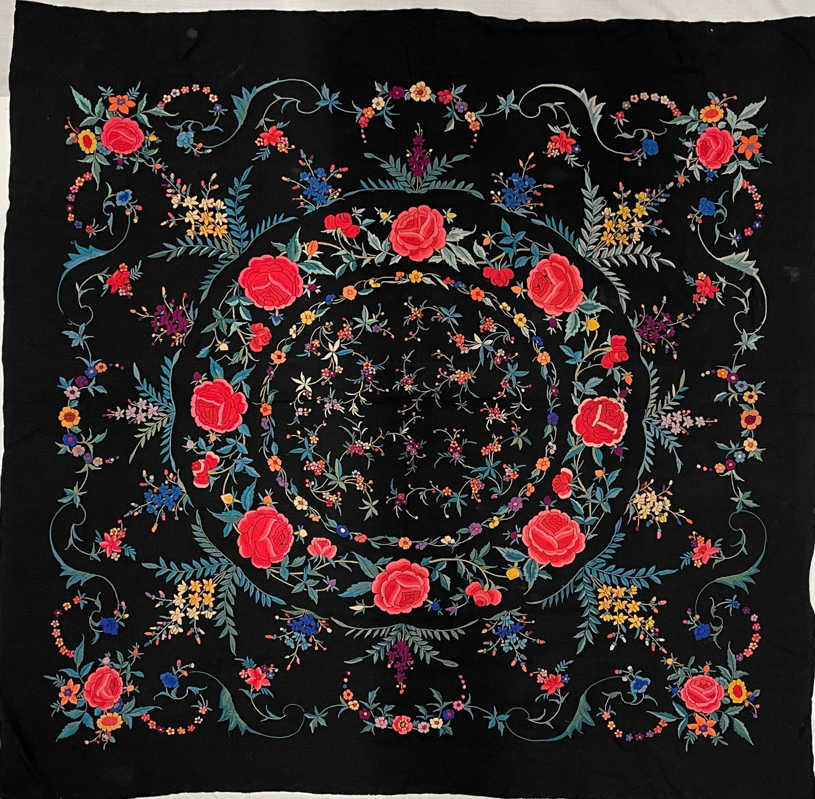 A Large Chinese Flower Embroidery Textile: A Large Chinese Flower Embroidery Textile,H 128 cm(50 in.) x W 128 cm(50 in.).Preview from Feb 23rd to 27th from 1:00 PM TO 5:00 PM Eastern Time, Location: 15229 Display Court, Rockville, MD 20850.