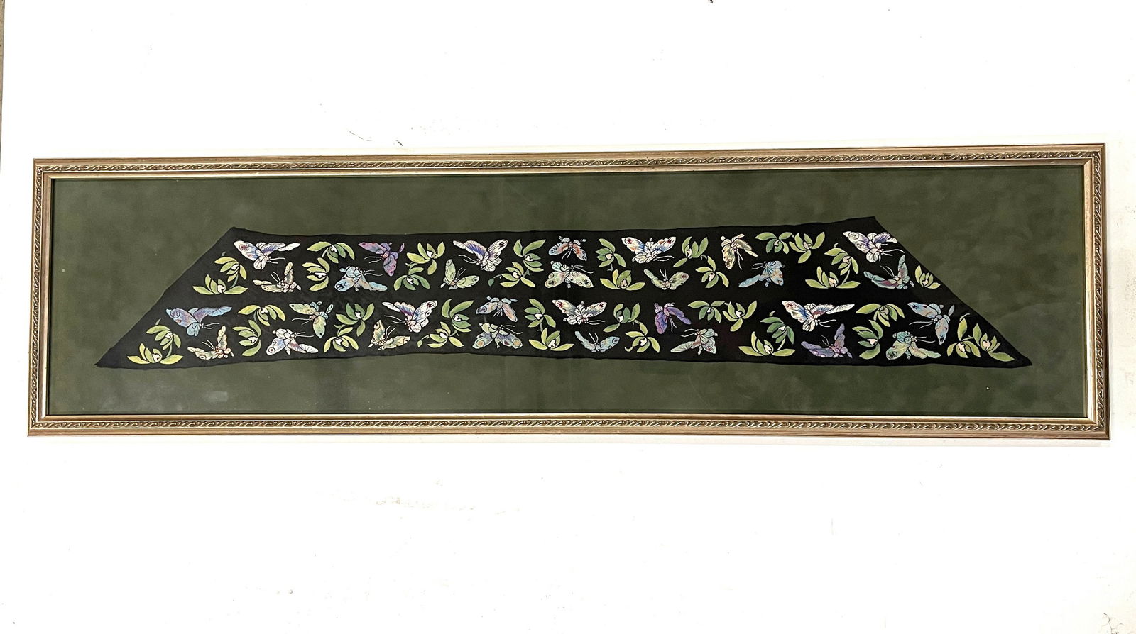 A Framed Chinese Floral and Butterflies Embroidered Fragment: A Framed Chinese Flower and Butterflies Embroidery,W 100 cm(39.5 in.) x H 26 cm(10 in.).Preview from Feb 23rd to 27th from 1:00 PM TO 5:00 PM Eastern Time, Location: 15229 Display Court, Rockville, MD