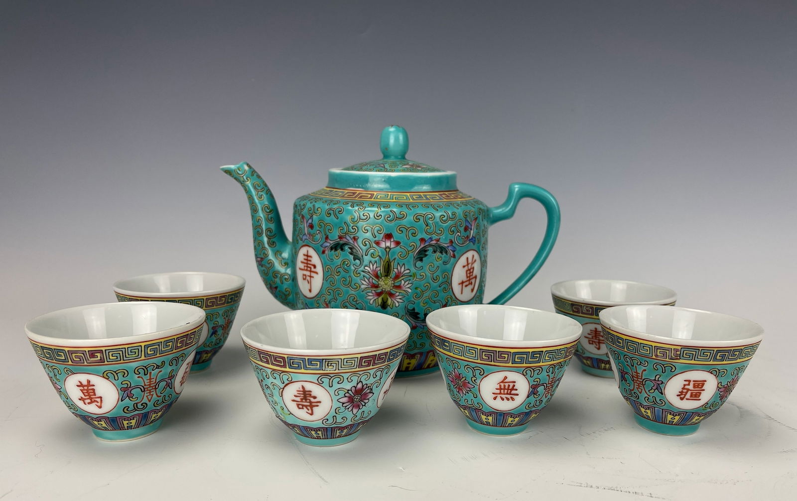 Chinese Turquoise Glazed Famille Rose Porcelain Tea Set (1 of 7)