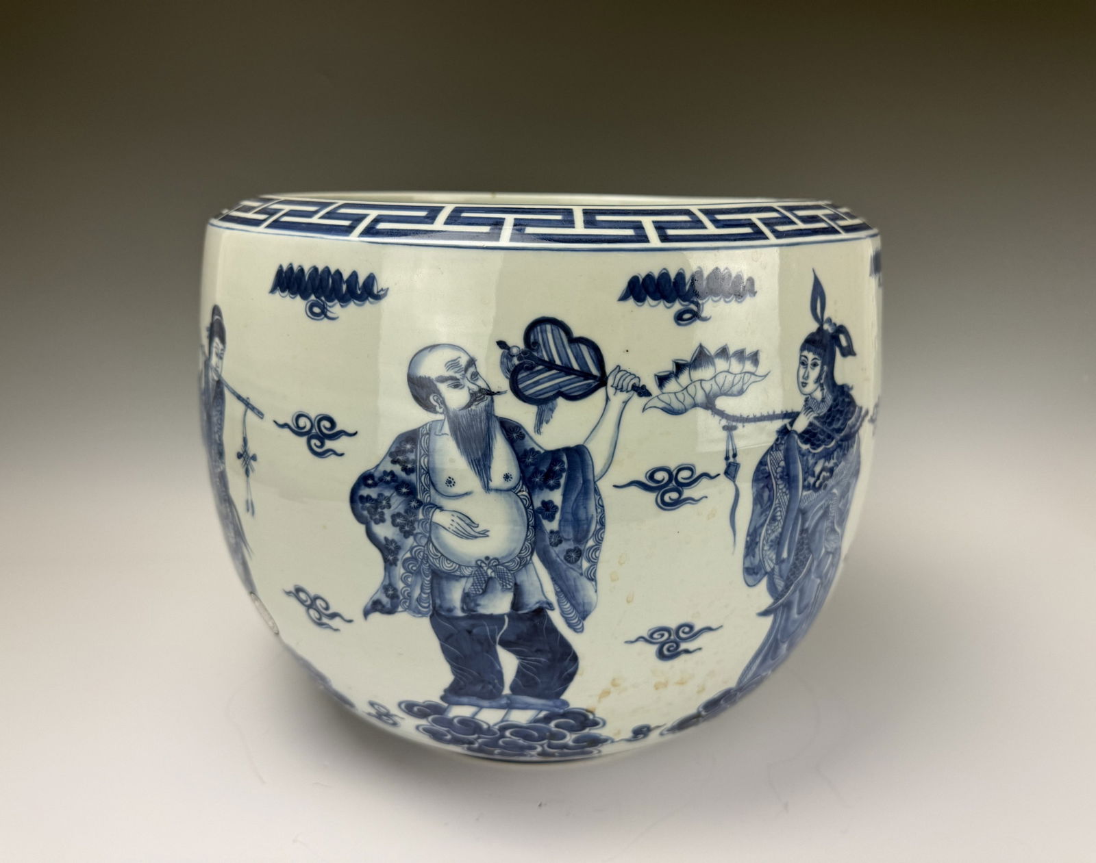 Vietnamese Blue and White Porcelain Fish Bowl with The Eight Immortals: Vietnamese Blue and White Porcelain Fish Bowl with The Eight Immortals,D 36 cm(14 in.) x H 29 cm(11.5 in.).Preview from Feb 23rd to 27th from 1:00 PM TO 5:00 PM Eastern Time, Location: 15229 Display C