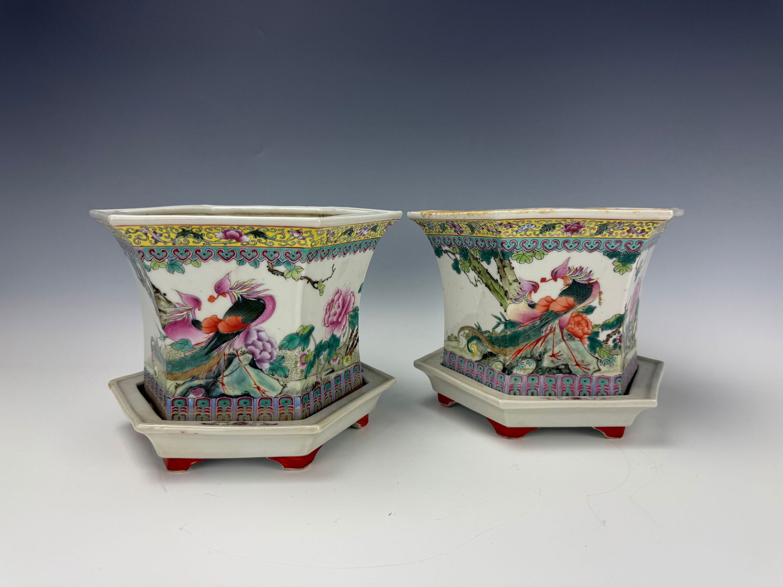 Pair of Chinese Famille Rose Hexagonal Porcelain Planter and Stand: Pair of Chinese Famille Rose Hexagonal Porcelain Planter and Stand,H 18 cm(7 in.) x W 21cm(8.3 in.)x2.Preview from Feb 23rd to 27th from 1:00 PM TO 5:00 PM Eastern Time, Location: 15229 Display Court,