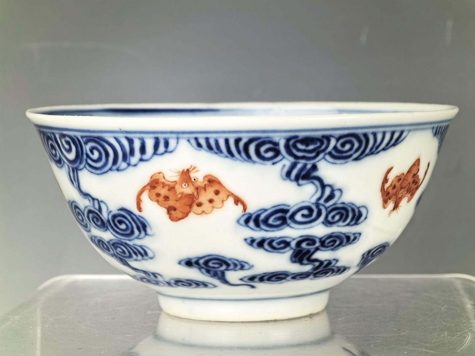 Chinese Blue and White Bowl With Red Bats and Guangxu Mark (1 of 7)