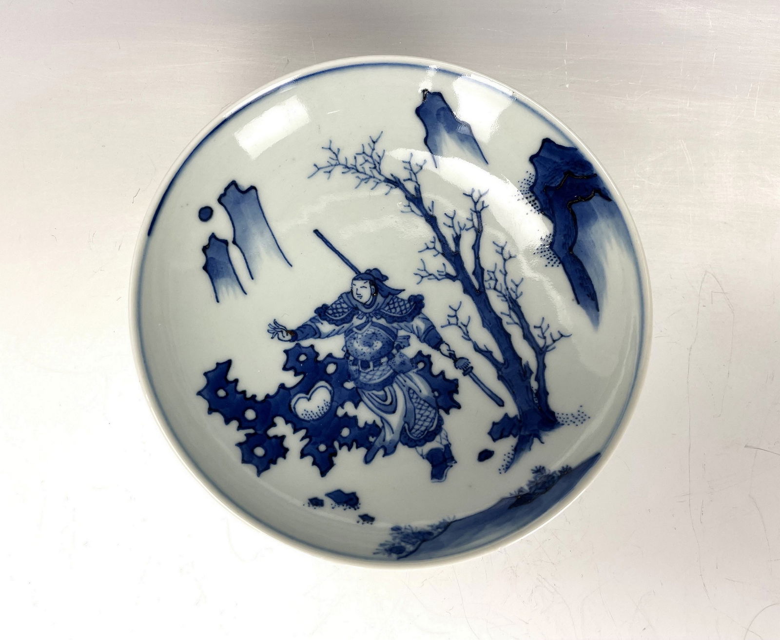 Chinse Blue and White Porcelain Plate: Chinse Blue and White Porcelain Plate Painted with General, D 15 cm(6 in.).Preview from Feb 23rd to 27th from 1:00 PM TO 5:00 PM Eastern Time, Location: 15229 Display Court, Rockville, MD 20850.