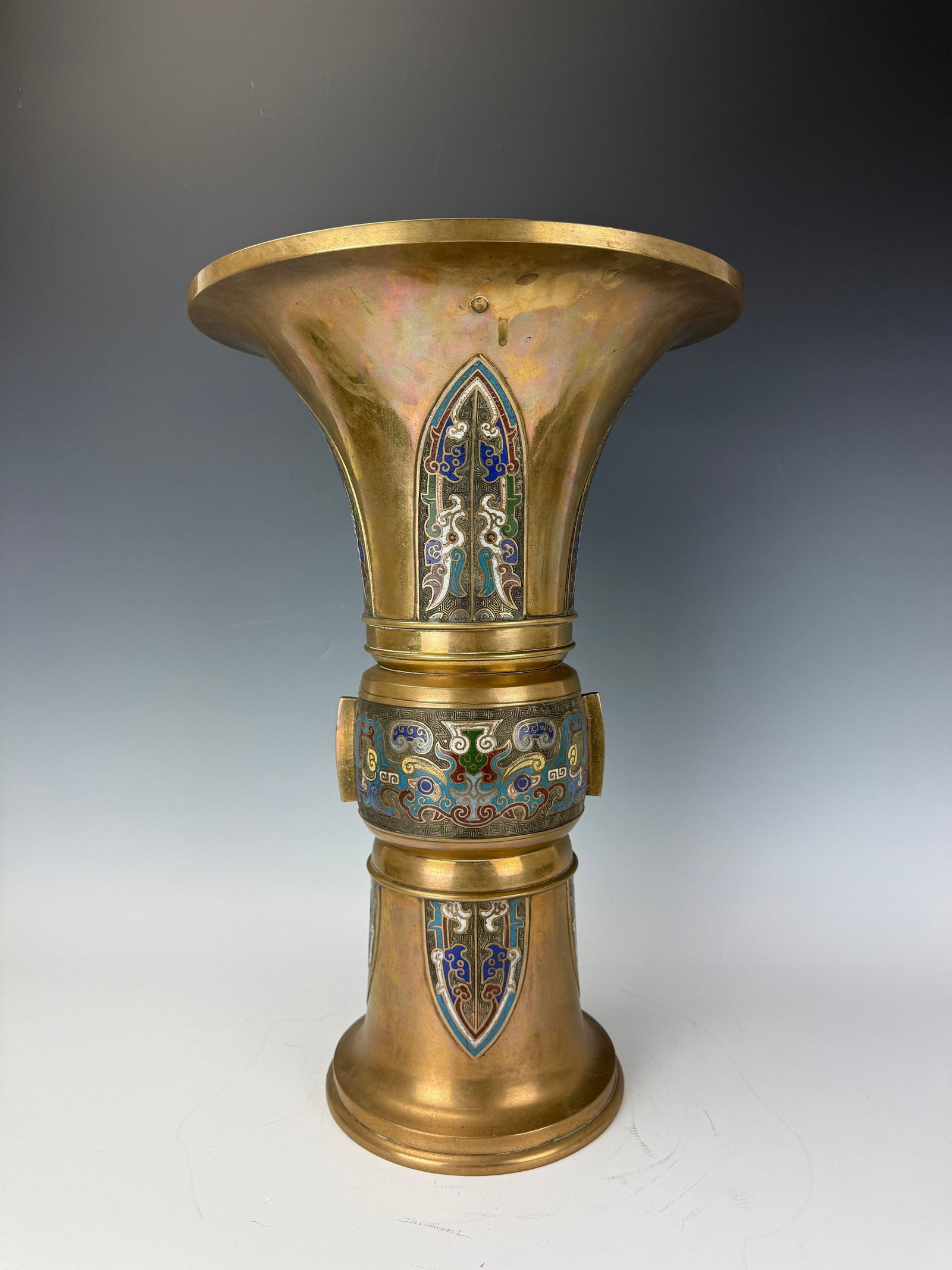 Large Chinese Cloisonne Enamel Brass GU Vase: Large Chinese Cloisonne Enamel Brass GU Vase, H 46 cm(18 in.) x W 30 cm(12 in.).Preview from Feb 23rd to 27th from 1:00 PM TO 5:00 PM Eastern Time, Location: 15229 Display Court, Rockville, MD 20850.