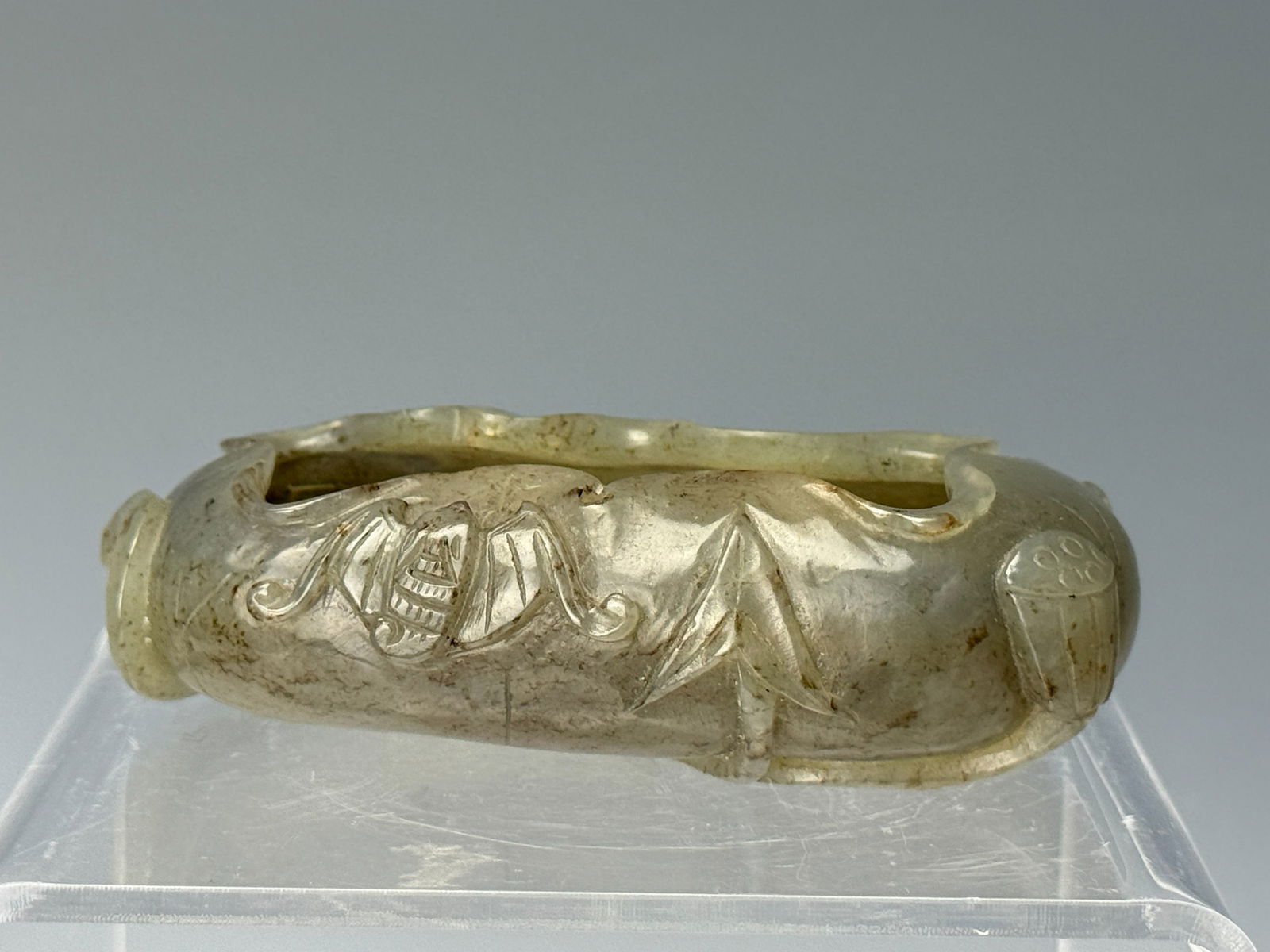 Chinese Carved Celadon Jade Brush Washer: Chinese Carved Celadon Jade Brush Washer,size 9 x 5.5 x 3 cm .Preview from Feb 23rd to 27th from 1:00 PM TO 5:00 PM Eastern Time, Location: 15229 Display Court, Rockville, MD 20850.