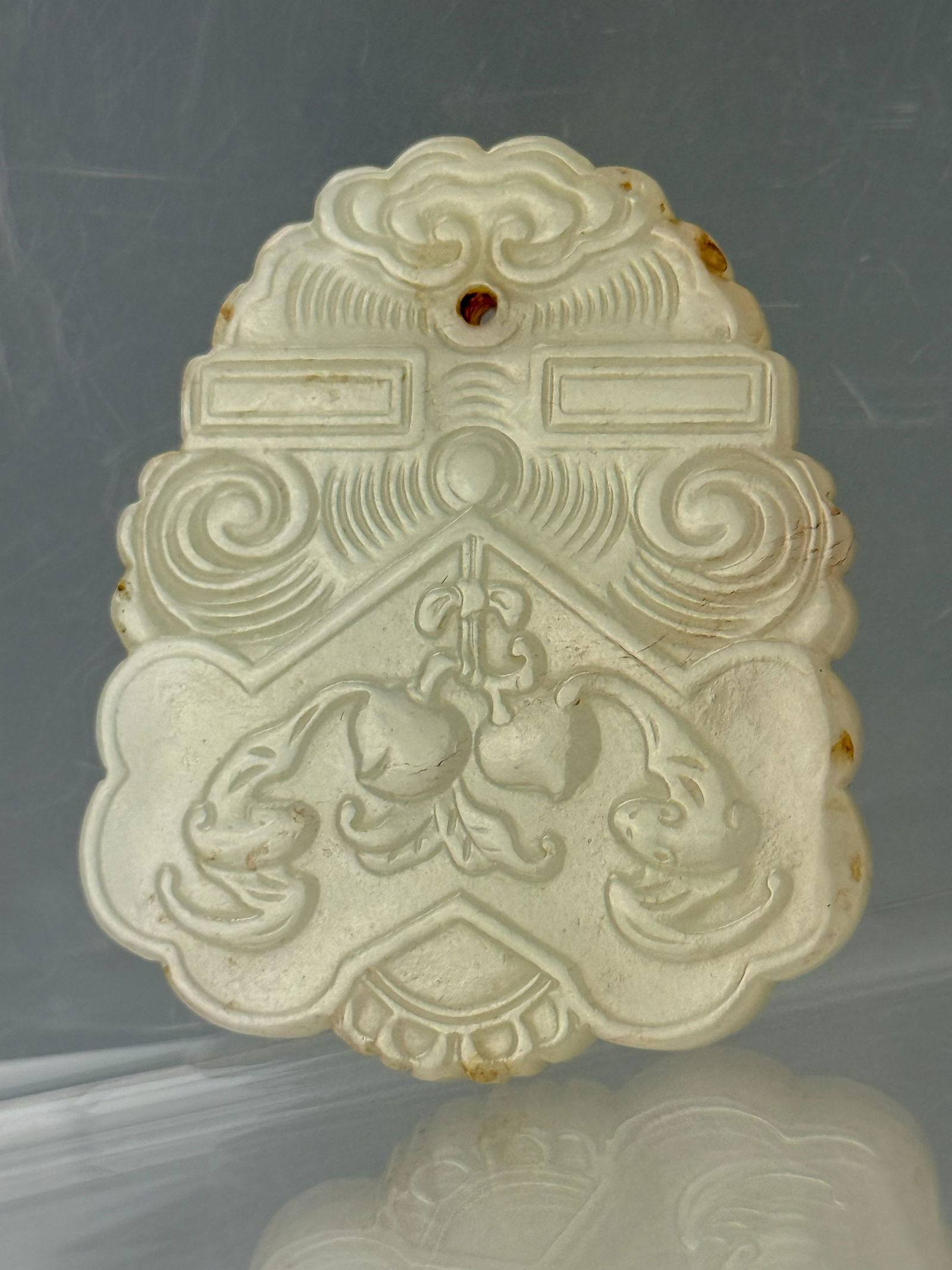 Chinese Carved Blessing FU White Jade Pendant: Chinese Carved Blessing FU White Jade Pendant,size 5x4 cm.Preview from Feb 23rd to 27th from 1:00 PM TO 5:00 PM Eastern Time, Location: 15229 Display Court, Rockville, MD 20850.