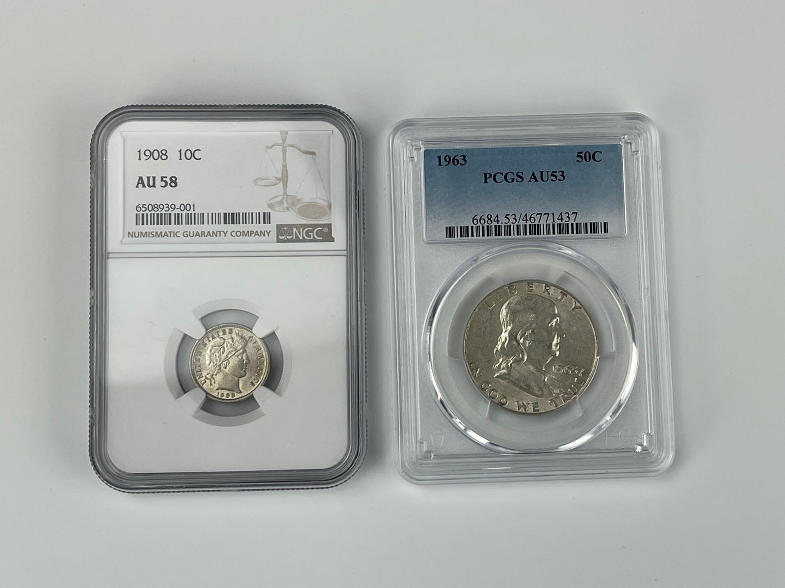 PCGS US 1963 Half Dollar and NGC 10C 1908: USA PCGS AU53 1963 Half Dollar, and NGC AU58, 10C 1908.Preview from Feb 23rd to 27th from 1:00 PM TO 5:00 PM Eastern Time, Location: 15229 Display Court, Rockville, MD 20850.