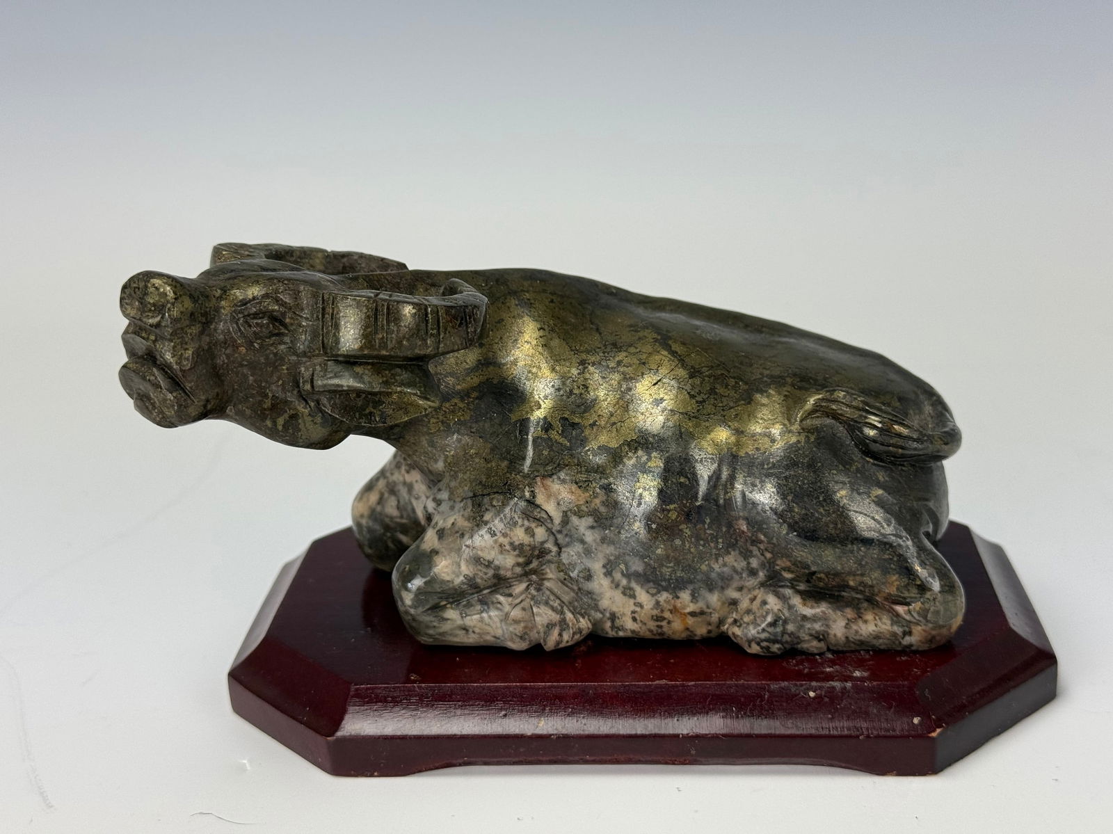 A Carved Stone Water Buffalo on Stand: A Carved Stone Water Buffalo on Stand, size 14 x 7 x 5 cm.Preview from Feb 23rd to 27th from 1:00 PM TO 5:00 PM Eastern Time, Location: 15229 Display Court, Rockville, MD 20850.