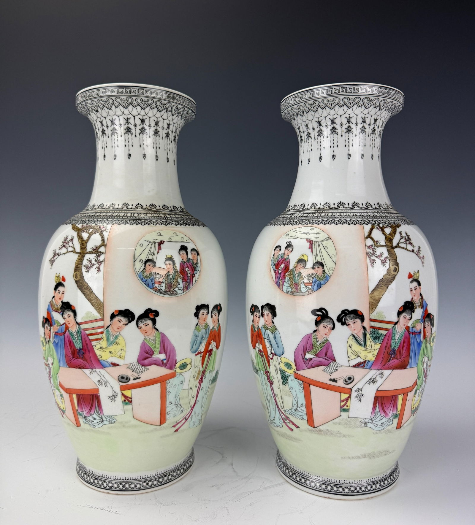 A Pair of Chinese Famille Rose Porcelain Vases Qianlong Mark: A Pair of Chinese Famille Rose Porcelain Vases Qianlong Mark,The Twelve Beauties of Dream of the Red Chamber.H 36 cm(14 in.) x 2.Preview from Feb 23rd to 27th from 1:00 PM TO 5:00 PM Eastern Time, Loc