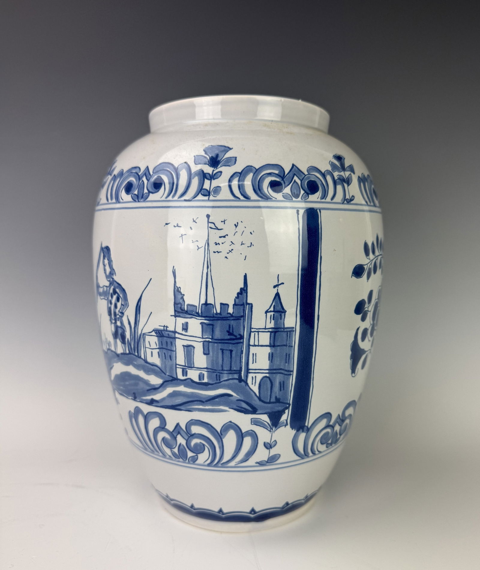 Vintage Williamsburg Delft Large Vase Made in Holland: Vintage Williamsburg Delft Large Vase Made in Holland, H 27 cm(10.5 in.). Preview from Feb 23rd to 27th from 1:00 PM TO 5:00 PM Eastern Time, Location: 15229 Display Court, Rockville, MD 20850.