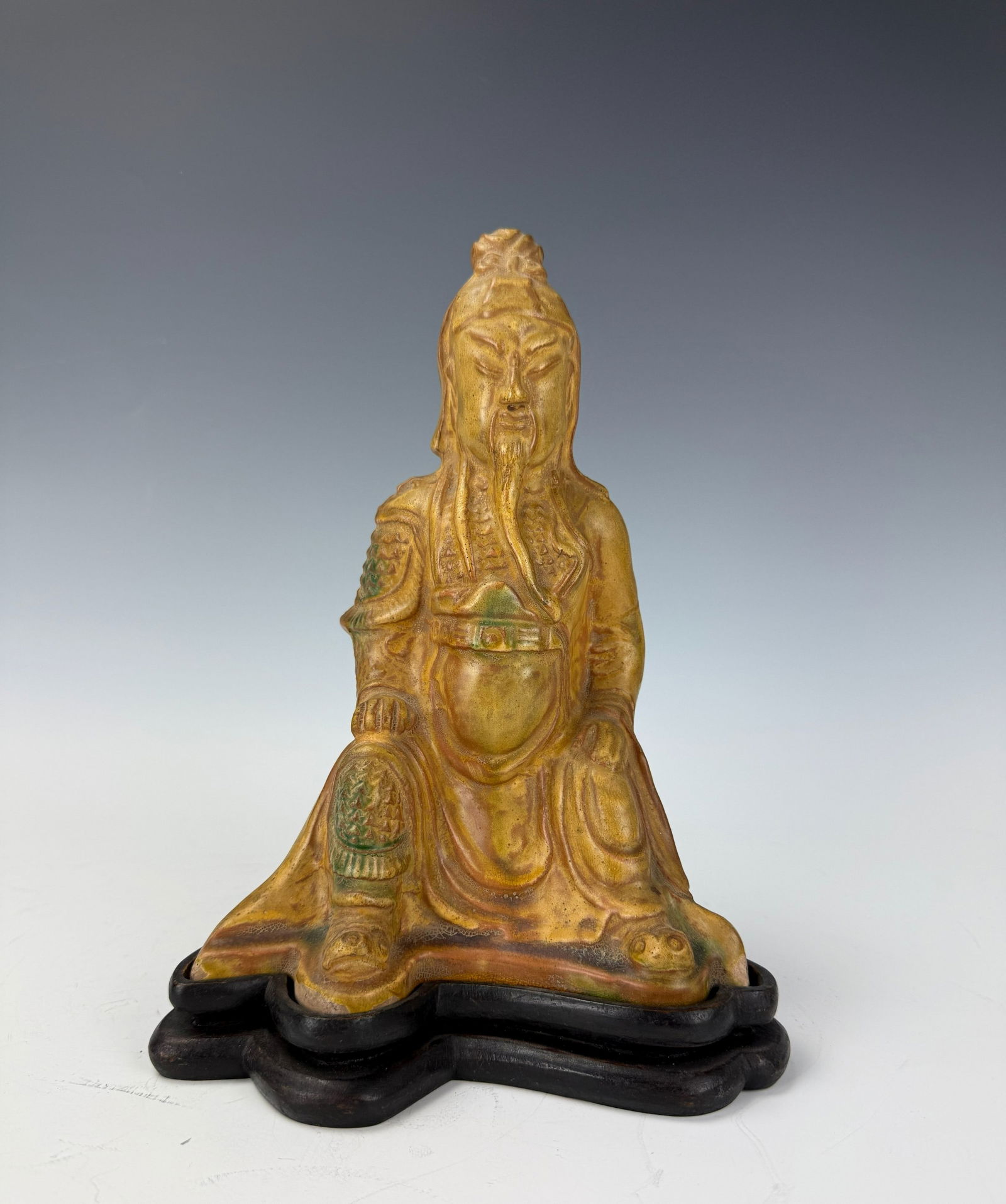 Vintage Chinese Ceramic Guangong Statue With Wood Base: Vintage Chinese Ceramic Guangong Statue with wood base, H 25 cm(10 in.).Preview from Feb 23rd to 27th from 1:00 PM TO 5:00 PM Eastern Time, Location: 15229 Display Court, Rockville, MD 20850.