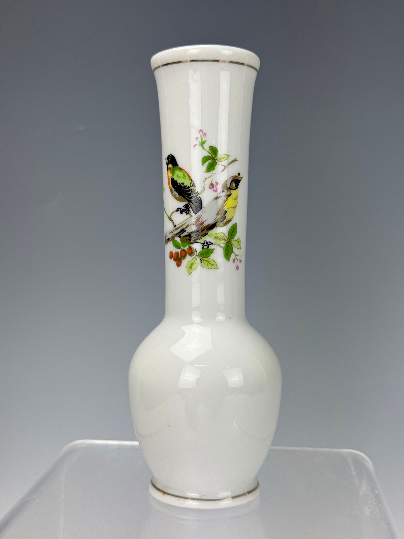 A Vintage Floral Bird Long Neck Bud Vase: A Vintage Long Neck Bud Vase, Floral Bird Motif, H 15.2 cm(6 in.) .Preview from Feb 23rd to 27th from 1:00 PM TO 5:00 PM Eastern Time, Location: 15229 Display Court, Rockville, MD 20850.