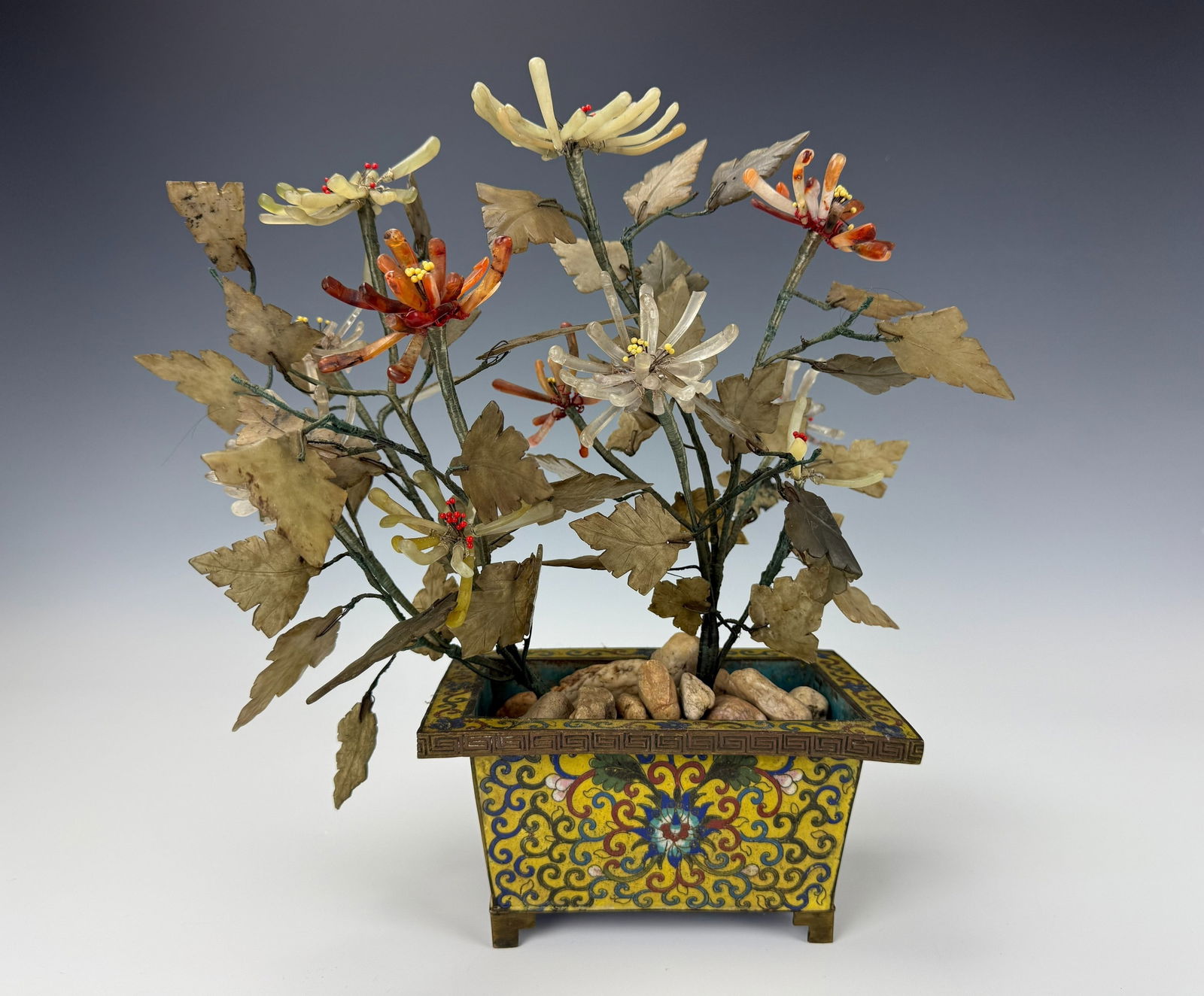 A Chinese Hardstone Bonsai Tree with Cloisonne Enamel Planter (1 of 5)