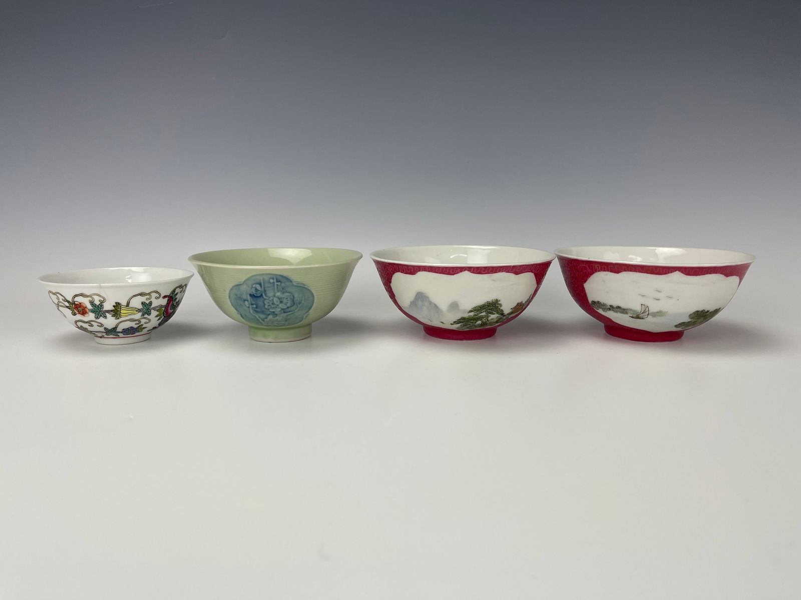 Four Chinese Porcelain Bowls: Four Chinese Porcelain Bowls,D 13 cm(5 in.).Preview from Feb 23rd to 27th from 1:00 PM TO 5:00 PM Eastern Time, Location: 15229 Display Court, Rockville, MD 20850.