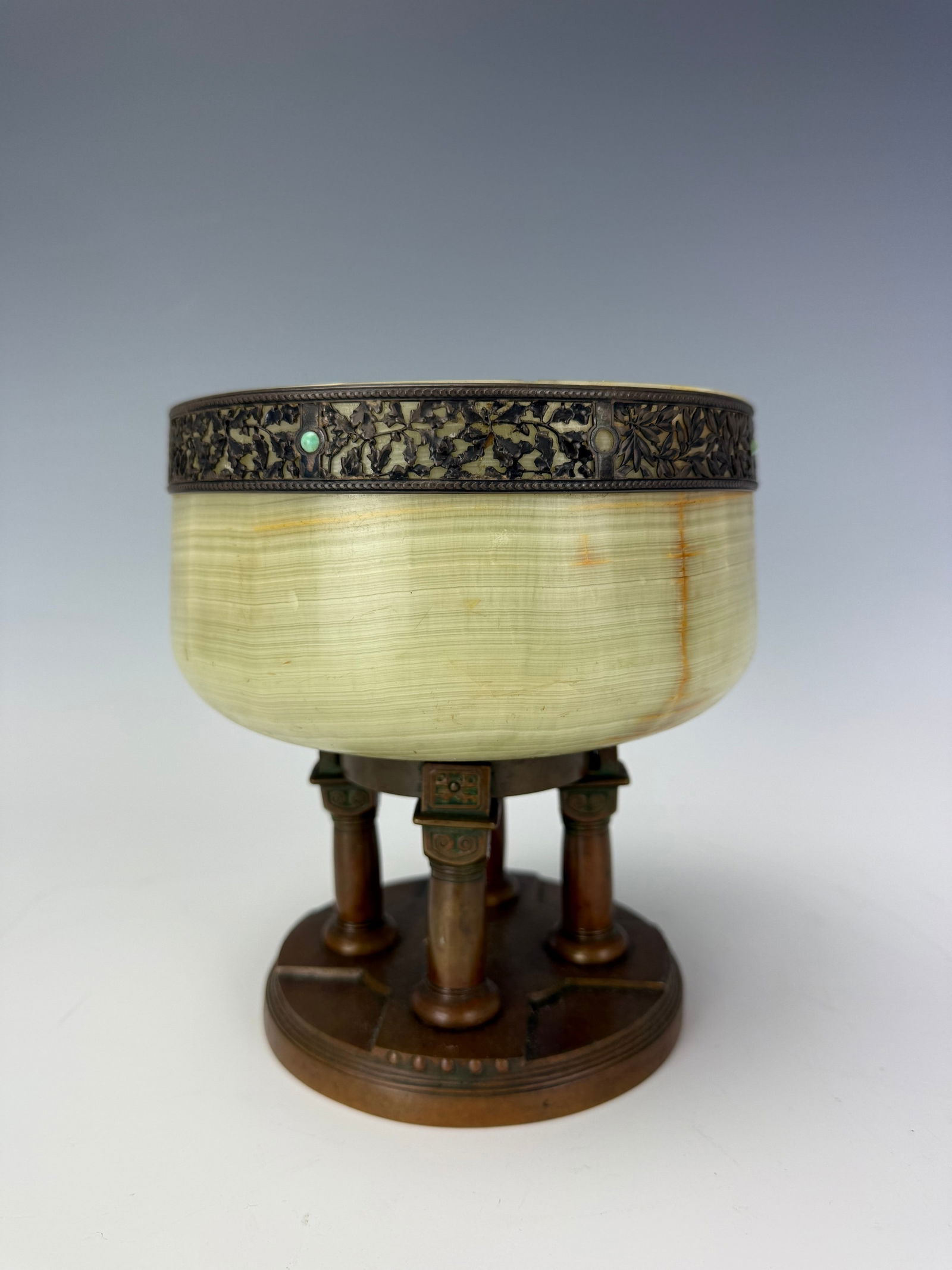 Antique French Gilt Bronze Mouted Onyx Bowl: Antique French Gilt Bronze Mouted Onyx Bowl,H 17cm (6.5in) x W 15 cm (6 in).Preview from Feb 23rd to 27th from 1:00 PM TO 5:00 PM Eastern Time, Location: 15229 Display Court, Rockville, MD 20850.