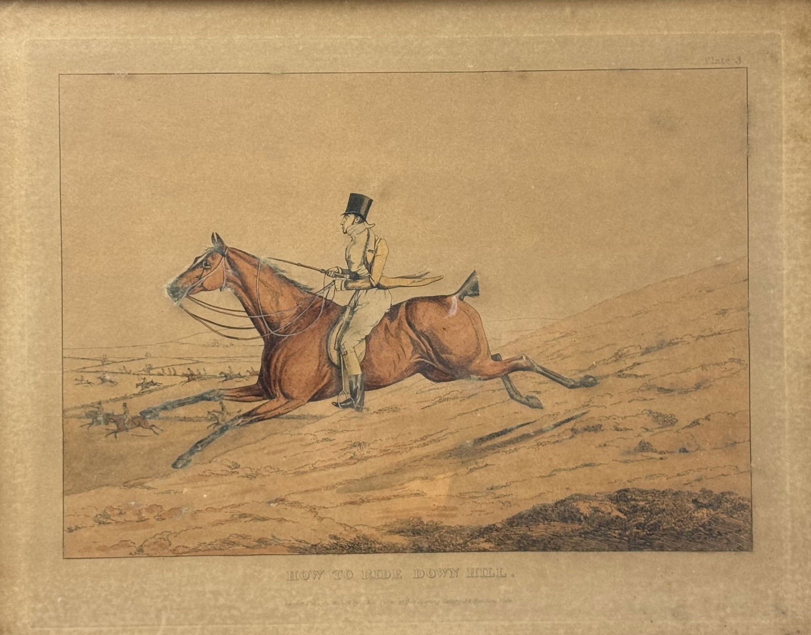 How to Ride Down Hill Henry Thomas Alken(1785-1851) Sporting Horse Print: This is a humorous antique print by British artist Henry Thomas Alken (1785–1851), titled How to Ride Down Hill. It belongs to a series of caricatures satirizing British society and the misadventure