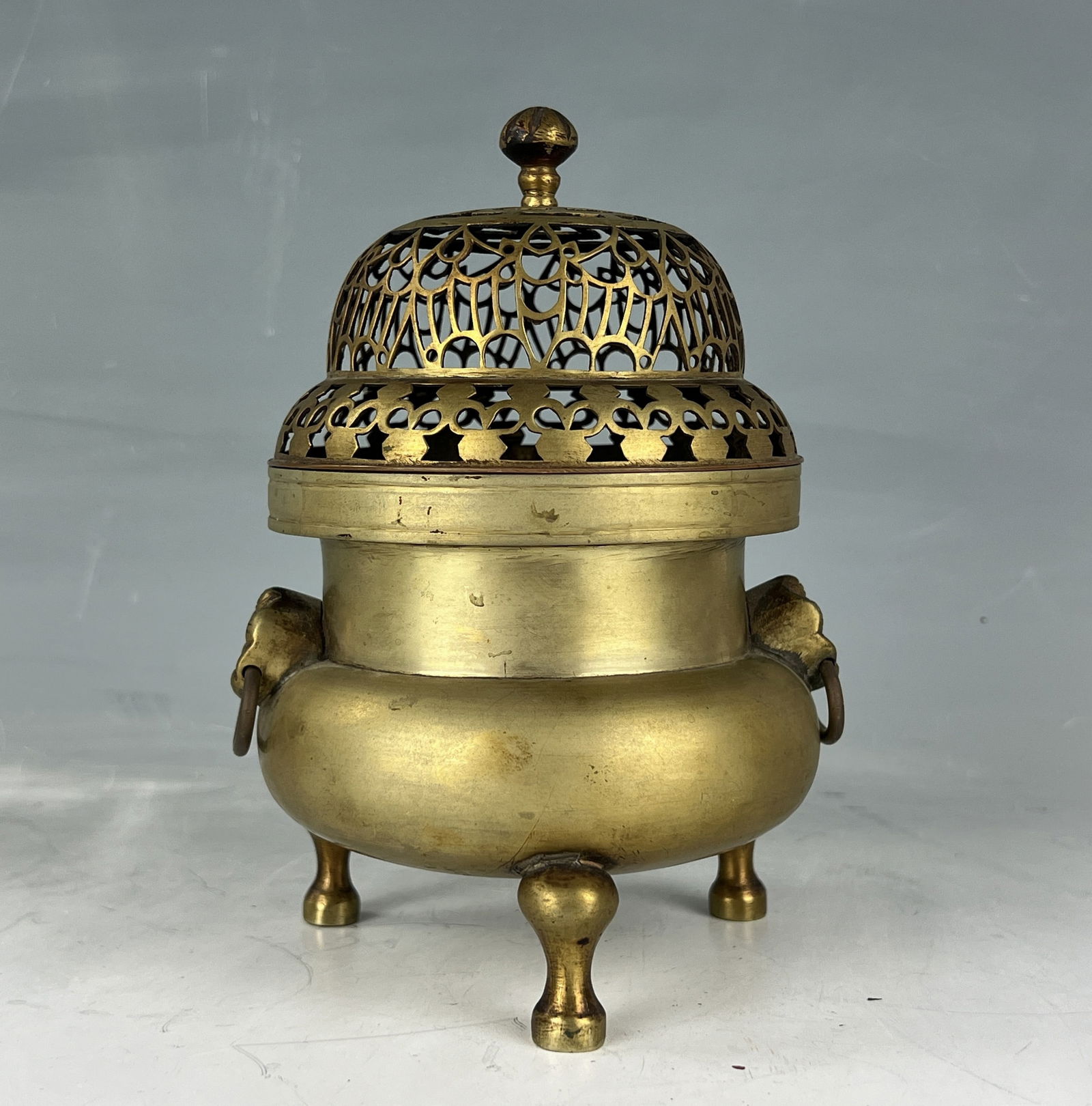 A Chinese Vintage Yellow Brass Tripod Incense Burner (1 of 6)