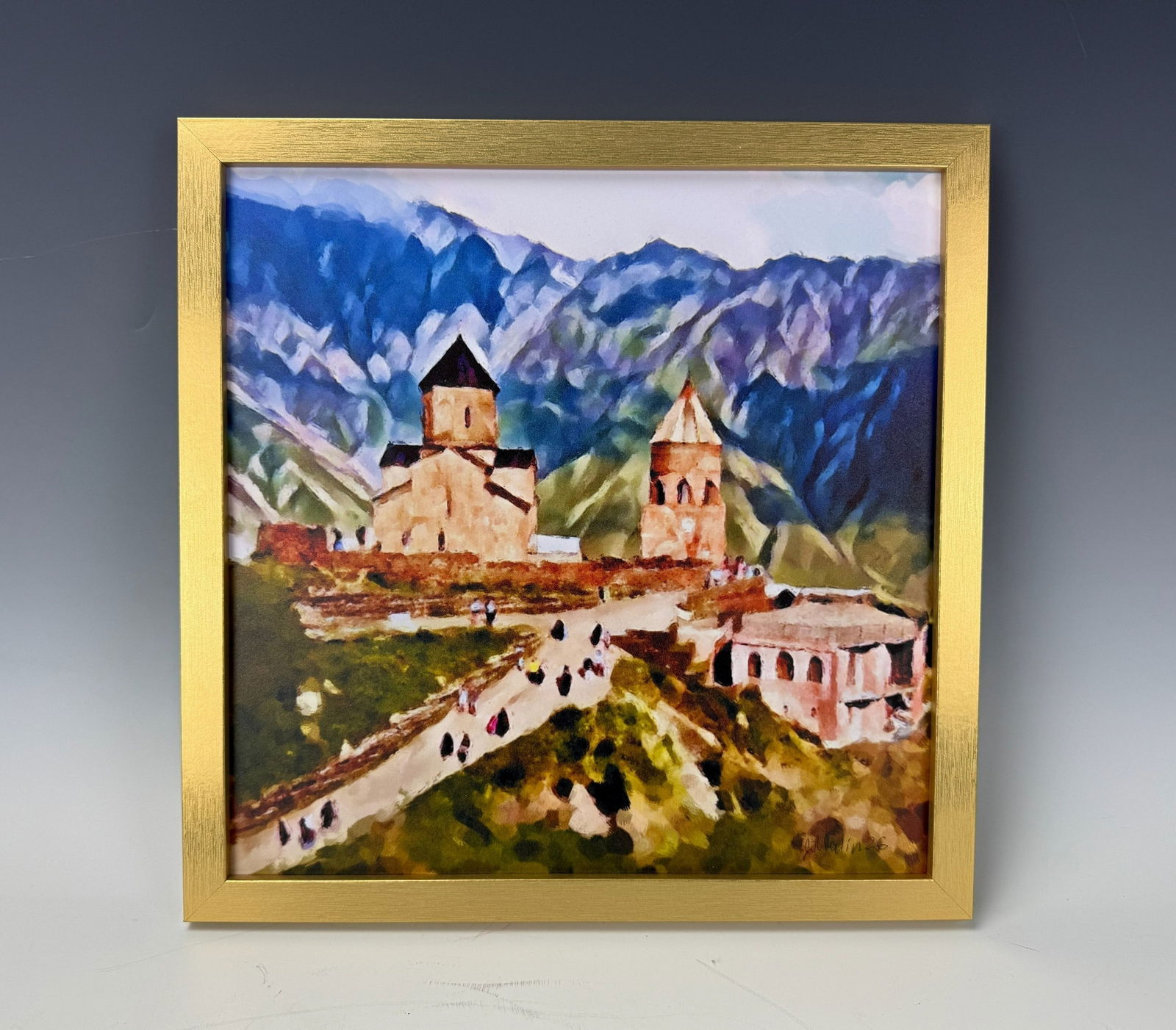 BETWEEN MOUNTAINS AND TIME Mixes Meadia on Paper by Joseph Malinsky: BETWEEN MOUNTAINS AND TIME, Mixes Meadia on Paper by Joseph Malinsky,size 13 x13 inches. An impressionistic landscape where anclient stone architecture rises gently from the earth, framed by layered m