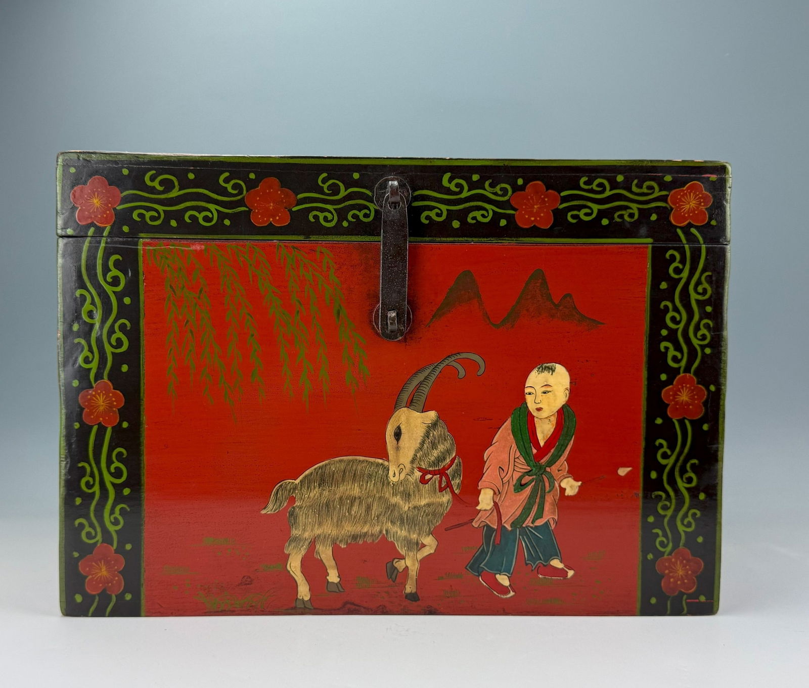 19th Century Northern Chinese Red Trunk: 19th Century Northern Chinese trunk painted with the design of Kids Playing,size 18 x 12 x 12 inches.Preview from Feb 23rd to 27th from 1:00 PM TO 5:00 PM Eastern Time, Location: 15229 Display Court,