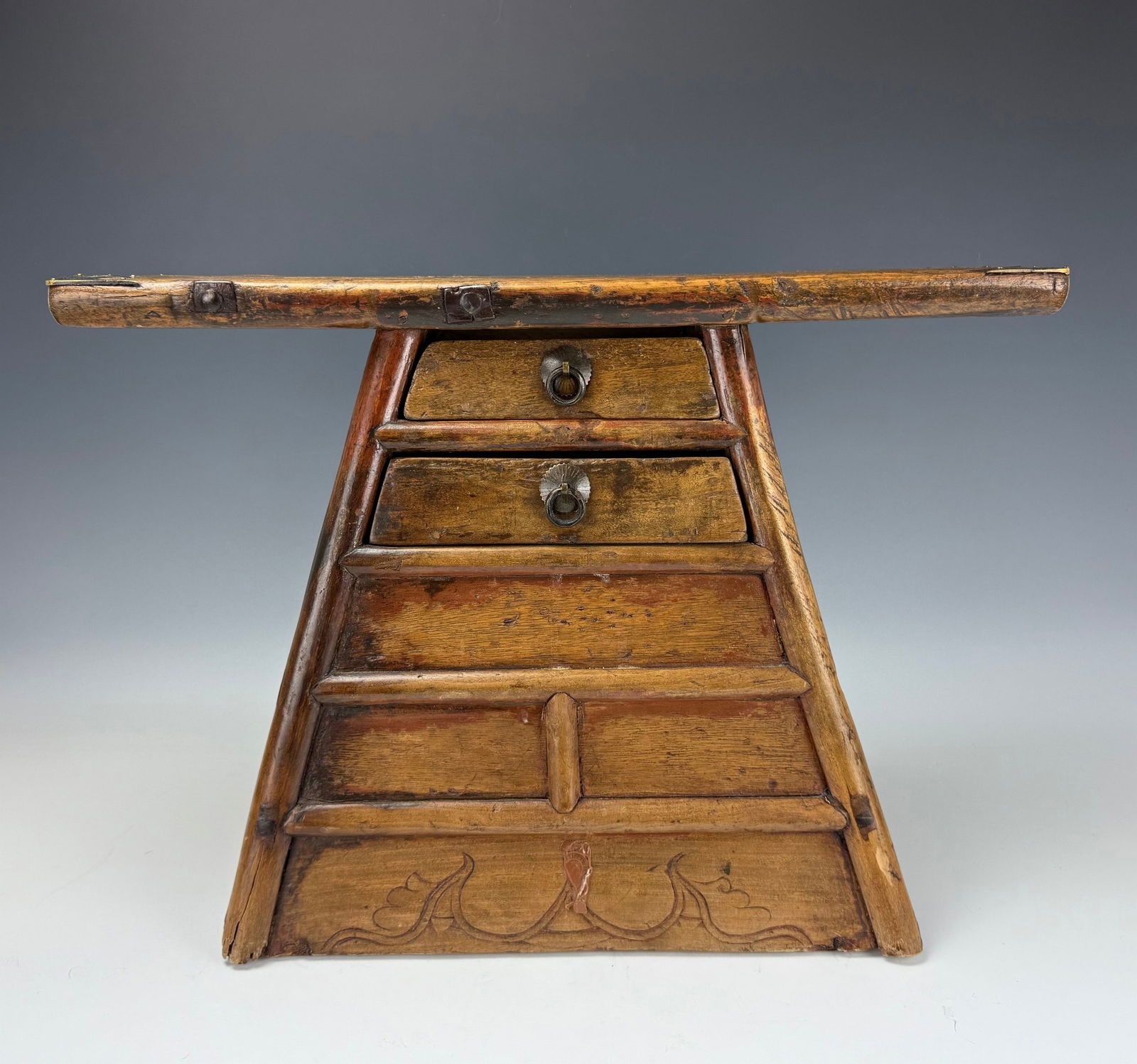 A Chinese Wooden Barbers Stool 19th Century: A Chinese Wooden Barbers StooL, 19th Century, Eastern Elm Table Top Chest,W 57 cm(22.5 in.) x H 38 cm(15 in.) x D 27 cm(10.5 in.).Preview from Feb 23rd to 27th from 1:00 PM TO 5:00 PM Eastern Time, Lo