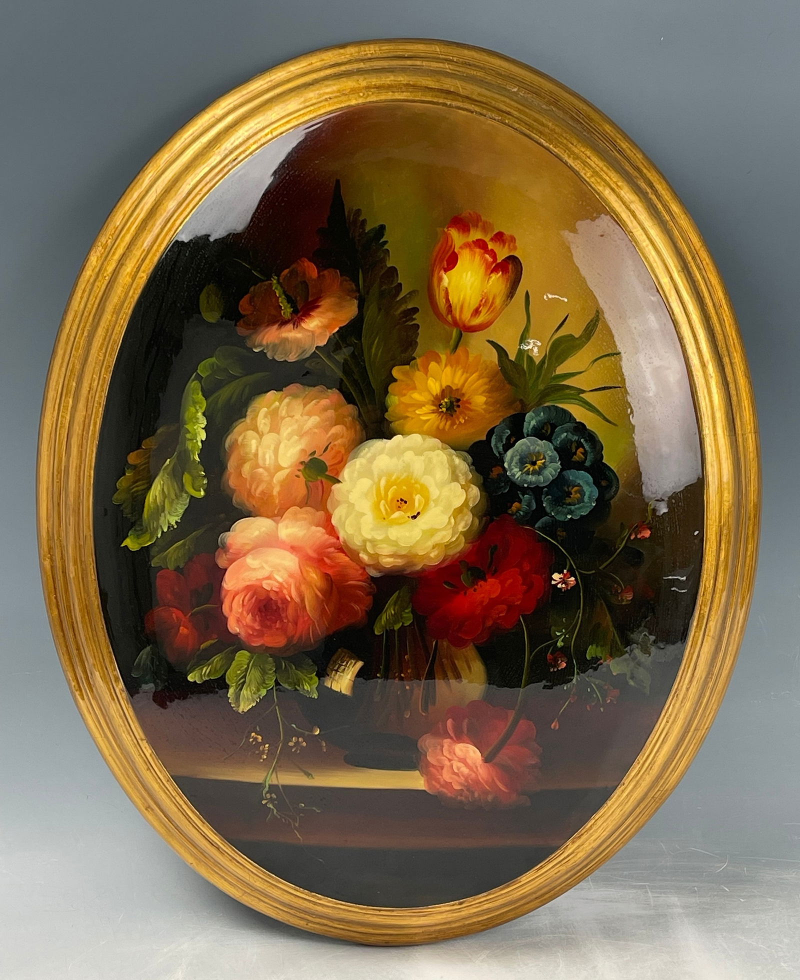 An Oval Painted Floral Wall Art, size 18.5 x 14.5 inches.: An Oval Painted Floral Wall Art, size 18.5 x 14.5 inches.Preview from Feb 23rd to 27th from 1:00 PM TO 5:00 PM Eastern Time, Location: 15229 Display Court, Rockville, MD 20850.