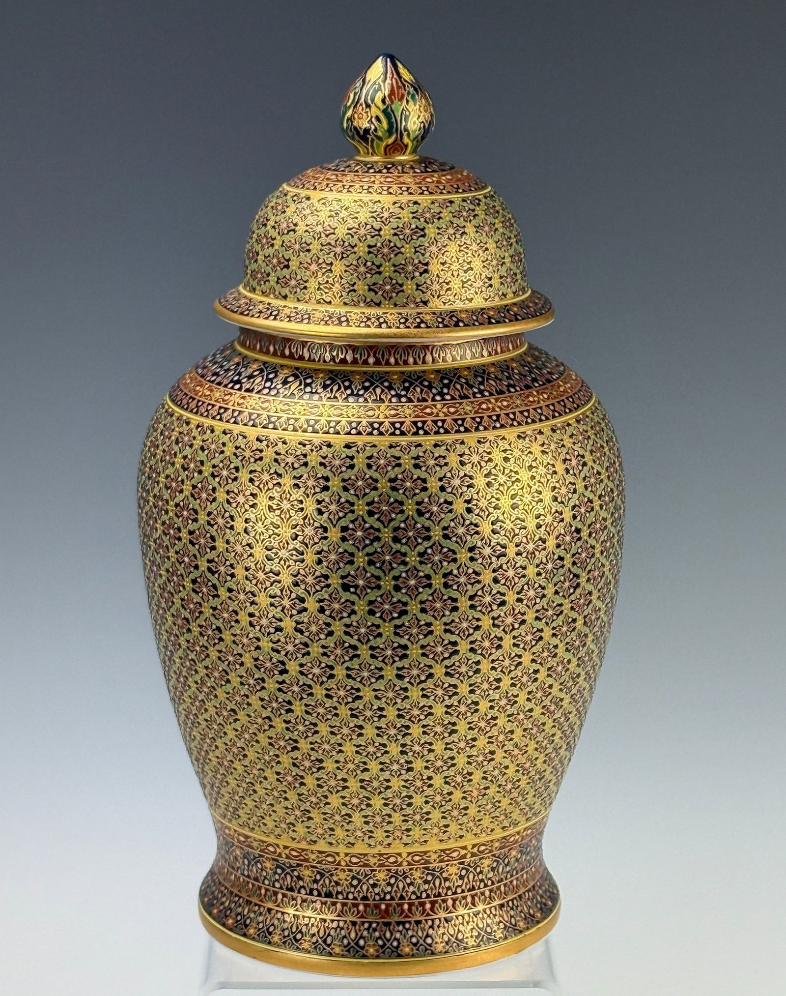Thai Porcelain Pipatana Benjarong Covered Vase 18K: Thai Porcelain Pipatana Benjarong Covered Vase 18K,H 34 cm(13 in.). Preview from Apr 20th to 24th from 1:00 PM TO 5:00 PM Eastern Time, Location: 15229 Display Court, Rockville, MD 20850.