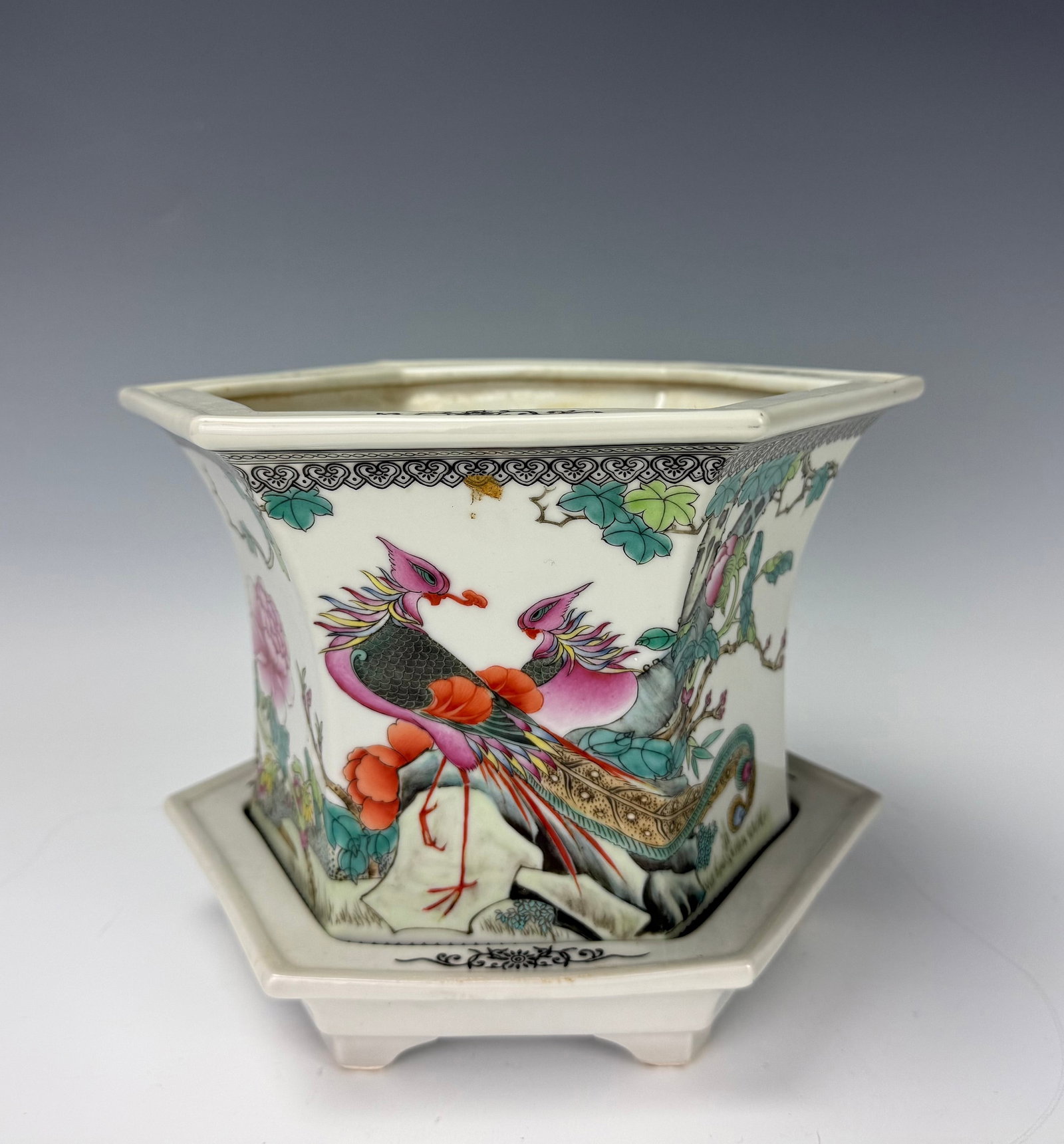 Chinese Famille Rose Hexagonal Porcelain Planter and Stand (1 of 10)