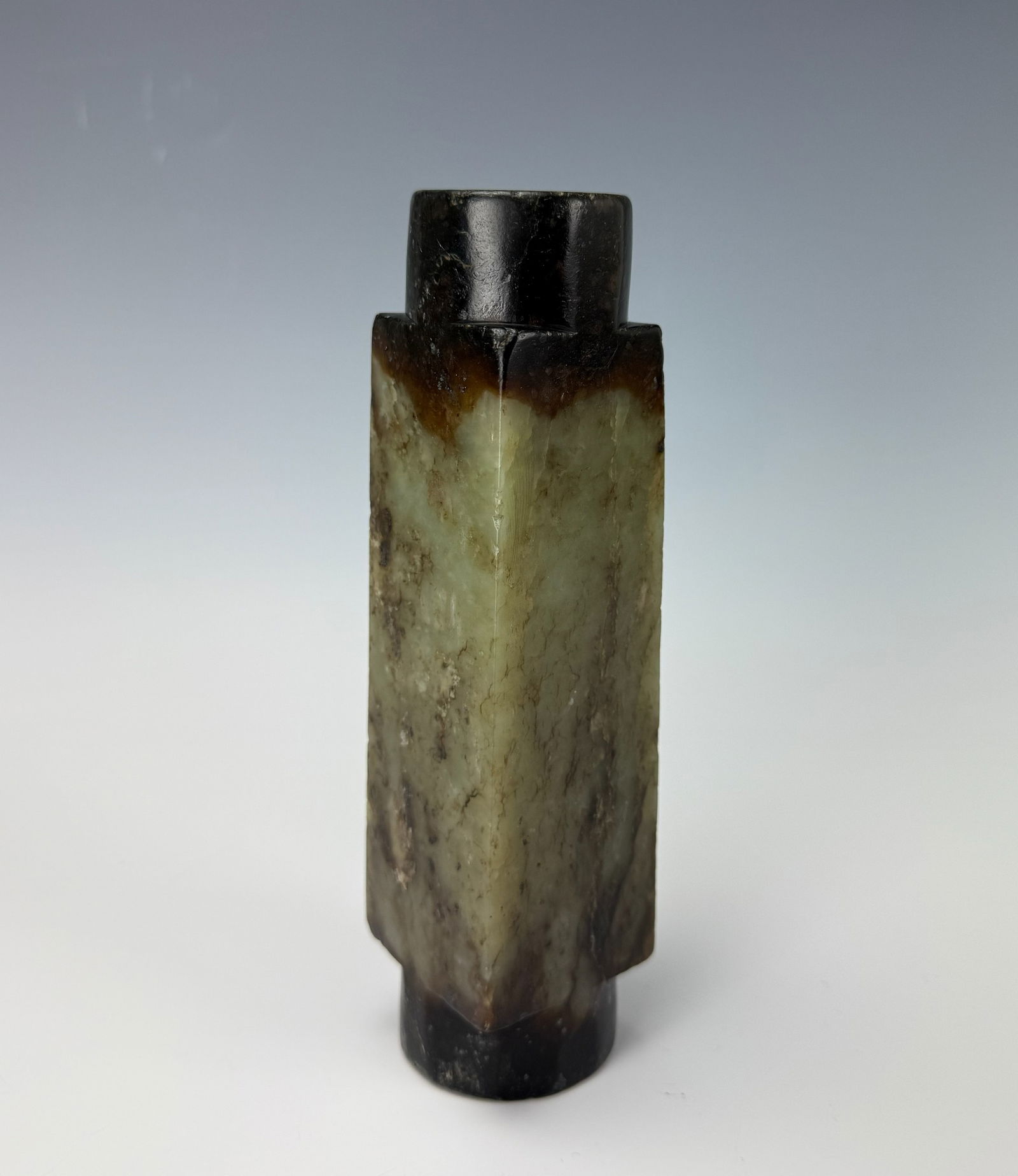 Chinese Celadon Jade Carved Long CONG: Celadon Jade carved long CONG ,H 19 cm( 7.5 in.) x W 5 cm( 2 in.).Preview from Apr 20th to 24th from 1:00 PM TO 5:00 PM Eastern Time, Location: 15229 Display Court, Rockville, MD 20850.