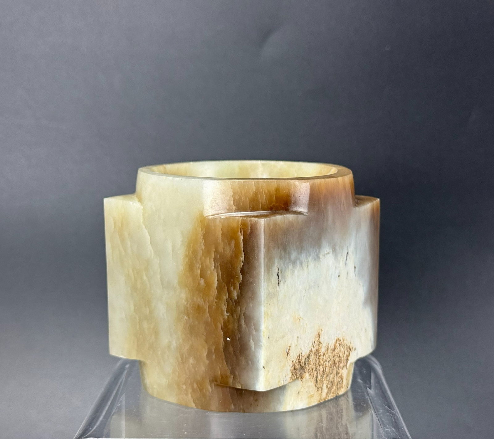 Chinese Celadon Jade CONG: Chinese Celadon Jade carved CONG ,H 7.5 cm ( 3 in.) x W 7.4 cm( 2.8 in.).Preview from Apr 20th to 24th from 1:00 PM TO 5:00 PM Eastern Time, Location: 15229 Display Court, Rockville, MD 20850.