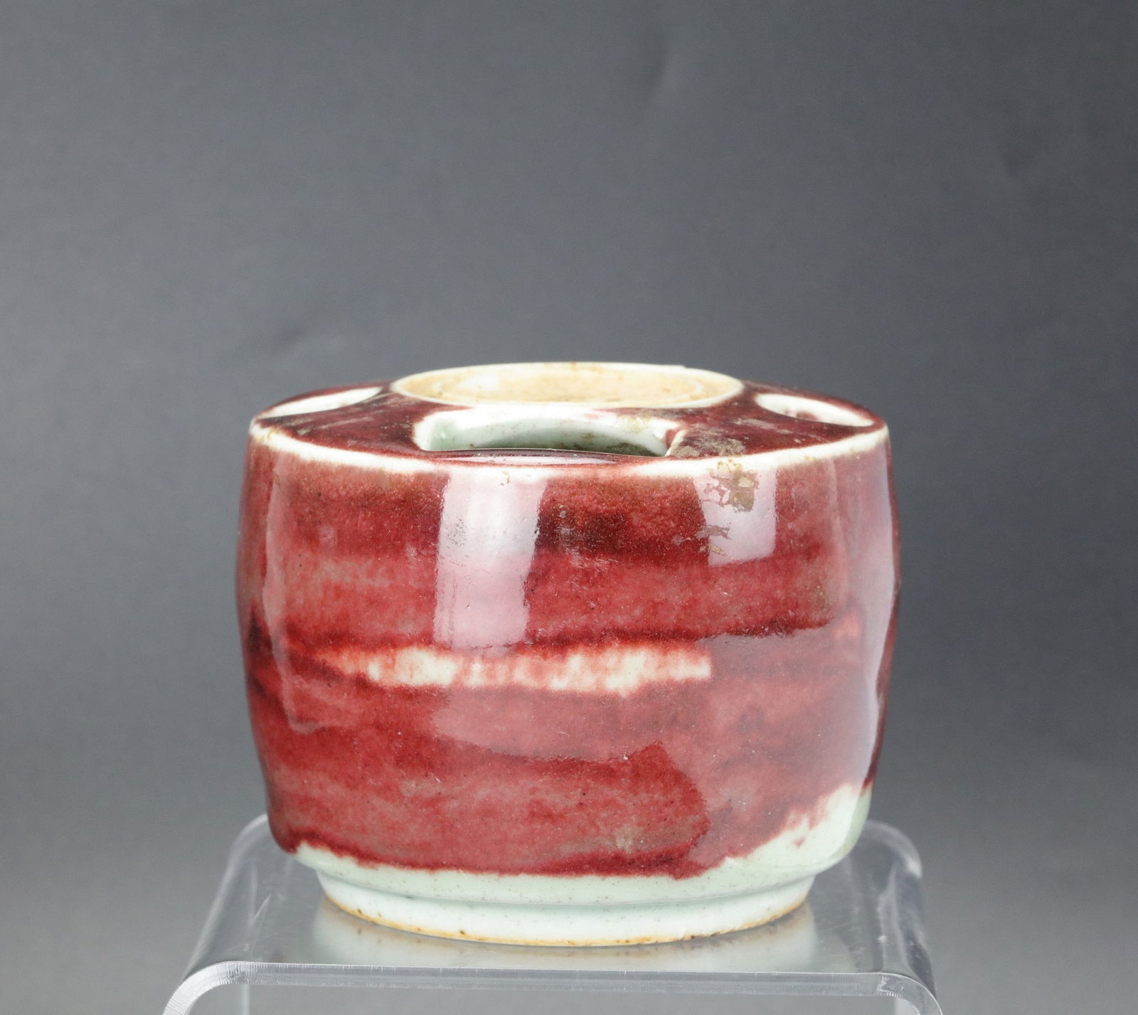 Chinese LANGYAO Style Oxblood Glazed Porcelain Brush and Ink Sitck Pot: LANGYAO-Style oxblood (Sang de Beouf) glazed brush pot and ink sitck pot, H 7.8 cm( 3.1in.) x W 9 cm(3.6in.).Preview from Apr 20th to 24th from 1:00 PM TO 5:00 PM Eastern Time, Location: 15229 Display