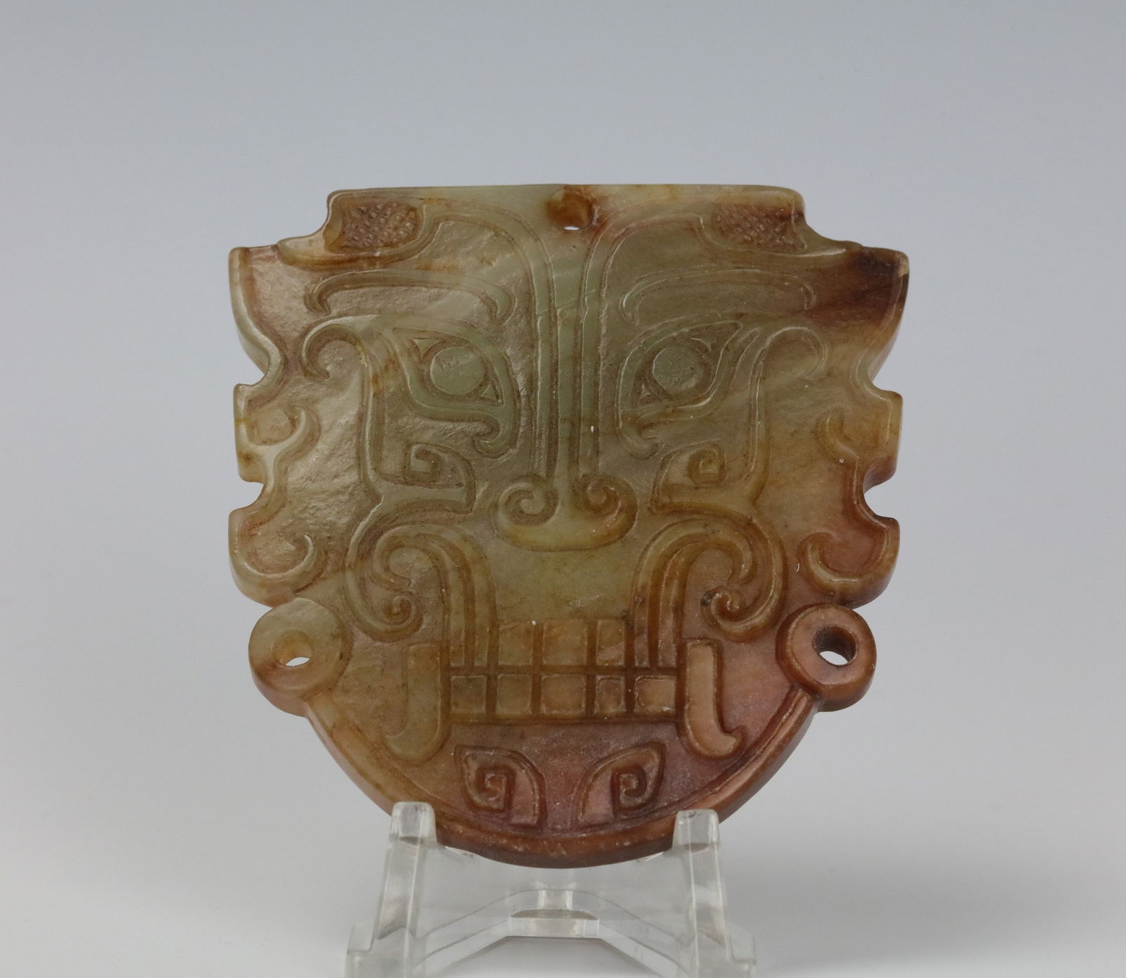 Chinese Celadon Jade Carved Human Mask: Celadon Jade carved human mask, H 7 cm(2.7 in.) x W 6 cm(2.5in.).Preview from Apr 20th to 24th from 1:00 PM TO 5:00 PM Eastern Time, Location: 15229 Display Court, Rockville, MD 20850.