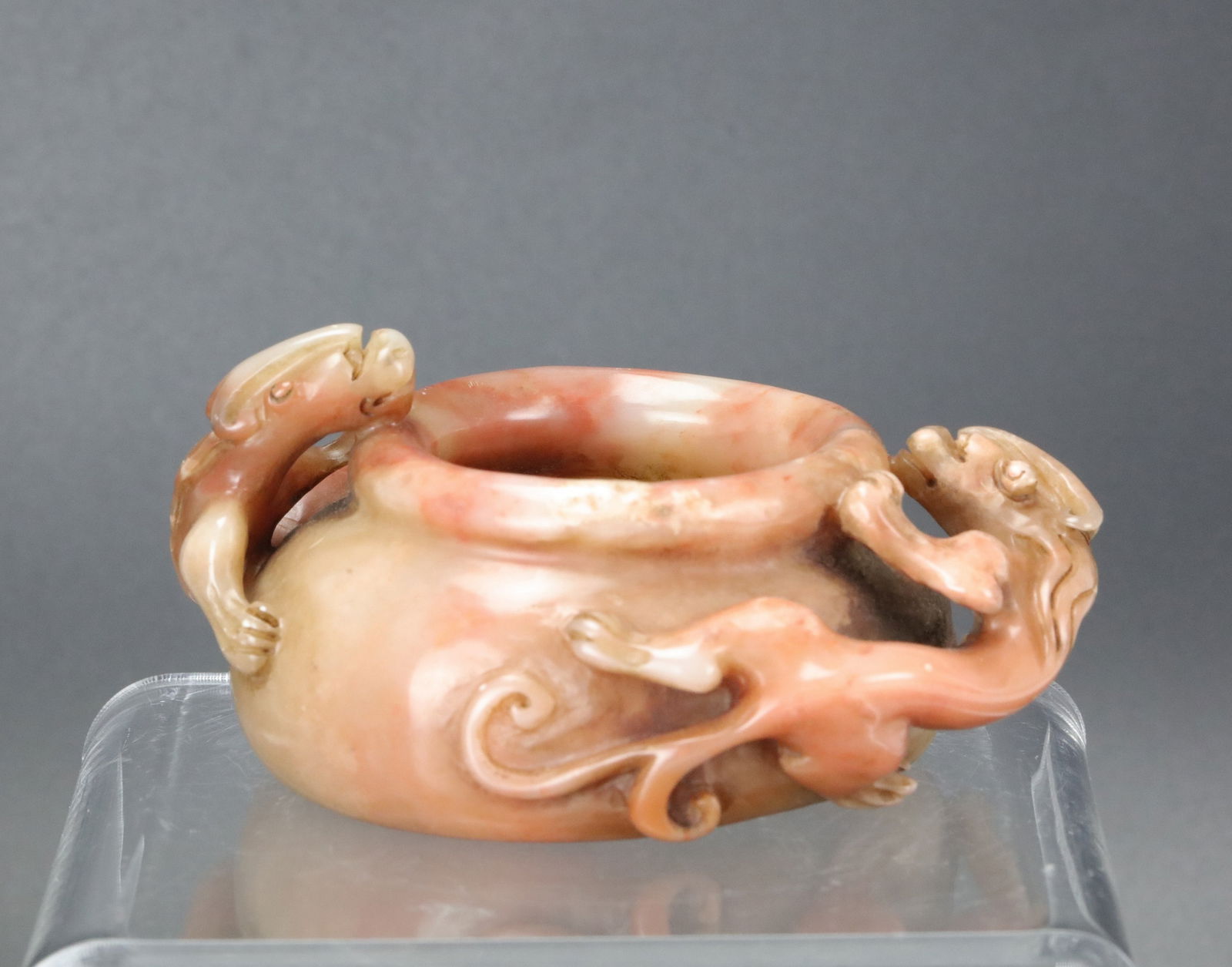 Peach Bloom Shoushan Stone Carved Water Pot With Double Dragons: Peach Bloom Shoushan Stone Carved Water Pot With Double Dragons, size 10 x 8 x 5 cm .Preview from Apr 20th to 24th from 1:00 PM TO 5:00 PM Eastern Time, Location: 15229 Display Court, Rockville, MD 20