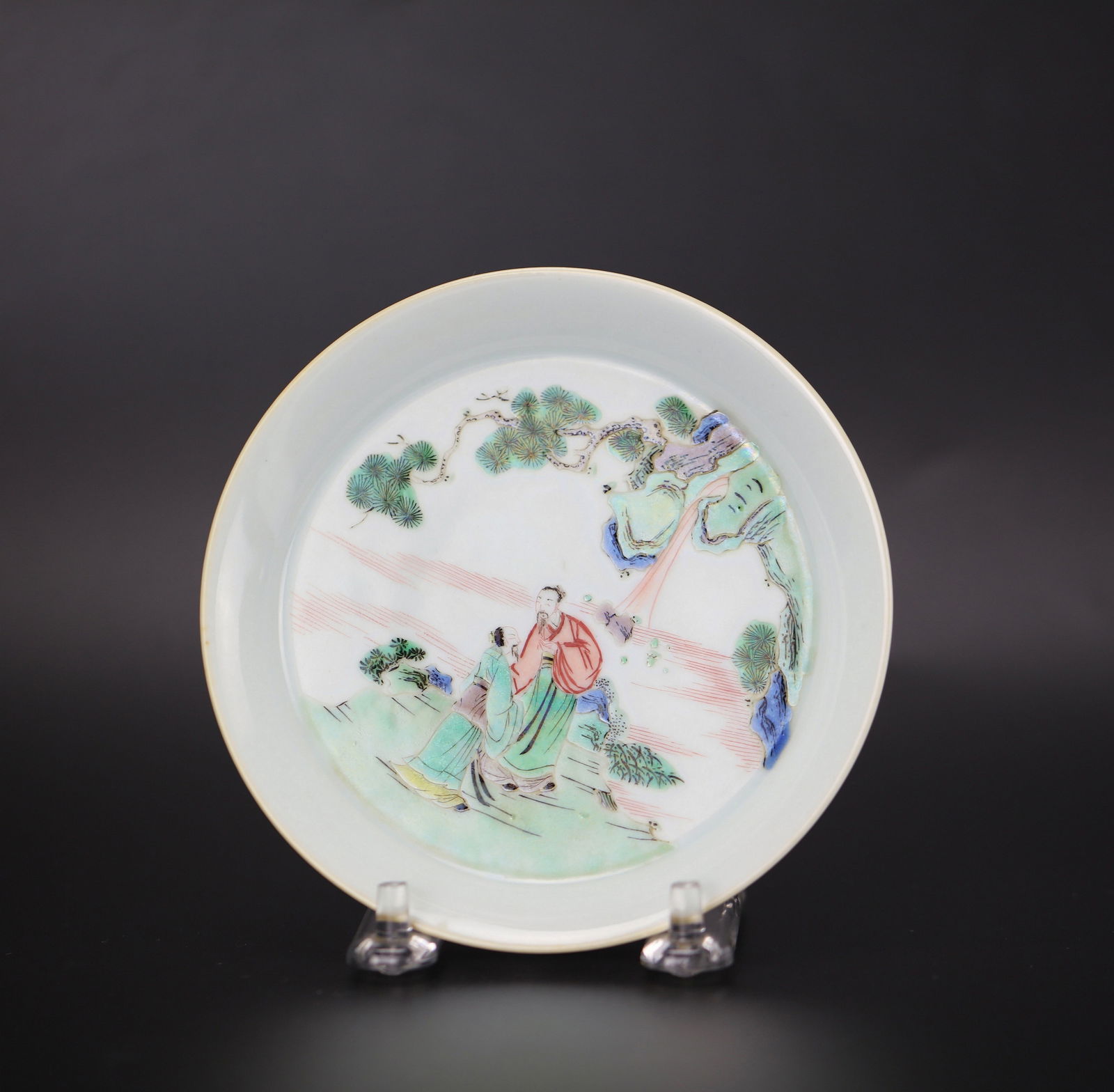 Chinese Famille Verte Porcelain Brush Plate Kangxi Mark: Famille verte brush palate with scholars in landscape,Kangxi mark,D 12 cm .Preview from Apr 20th to 24th from 1:00 PM TO 5:00 PM Eastern Time, Location: 15229 Display Court, Rockville, MD 20850.