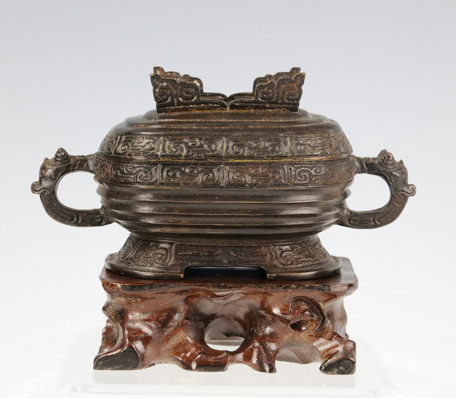 Yellow Copper Cast Vessel Imitating Bronze Archaic Ritual FU: Yellow copper cast FU vessel imitating bronze archaic ritual FU,with wood base.W 12 cm (4.9 in.) x H 9 cm (3.5in.).Preview from Apr 20th to 24th from 1:00 PM TO 5:00 PM Eastern Time, Location: 15229 D