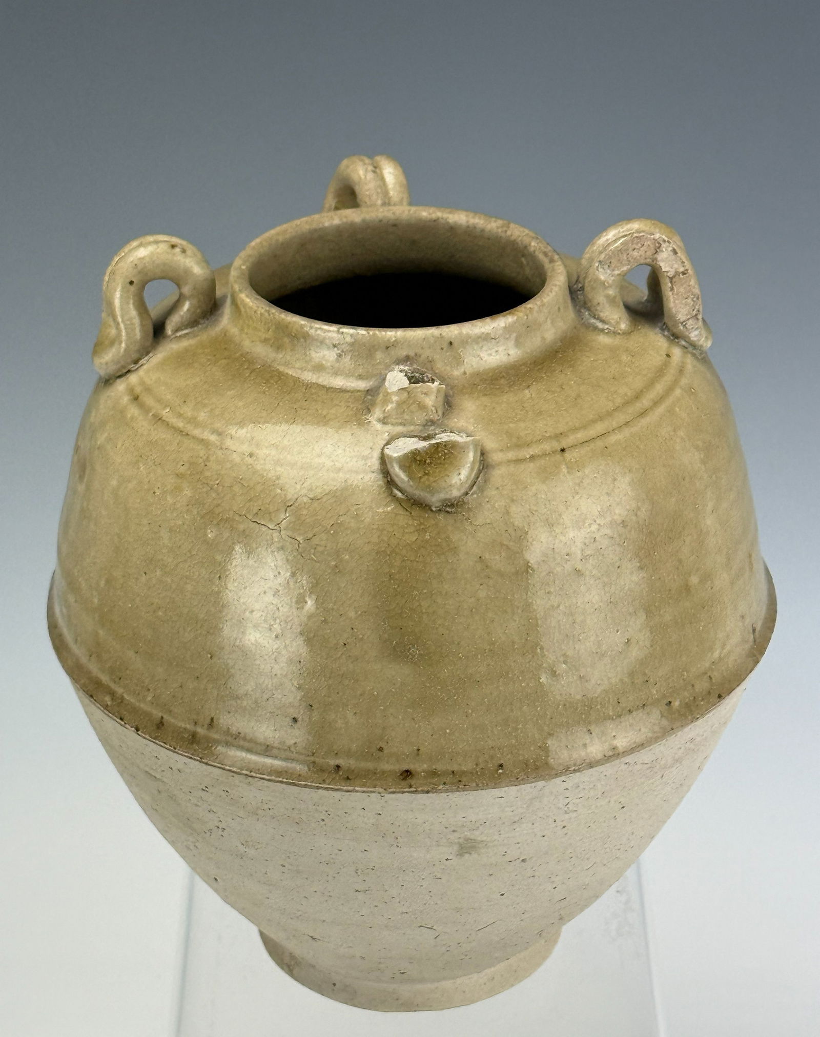 Asian Antique Olive Shape Green Glazed Stoneware Vase: Asian Antique Olive Shape Green Glazed Stoneware Vase,H 30 cm (12 in). Preview from Apr 20th to 24th from 1:00 PM TO 5:00 PM Eastern Time, Location: 15229 Display Court, Rockville, MD 20850.