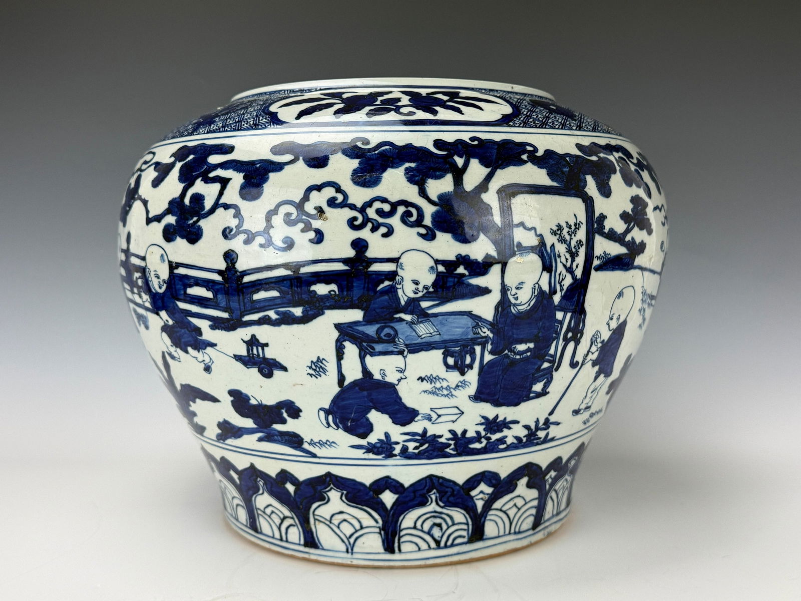 Large Chinese Ming Dynasty Jiajing Blue and White Boys Porcelain Jar: A Large Chinese Ming Dynasty Jiajing Blue and White Boys Porcelain Jar, H 31 cm (12.3 in) x W 41 cm (16in),there some hairline on the bottom,and properly repaired on the top,sold as is. Preview from A