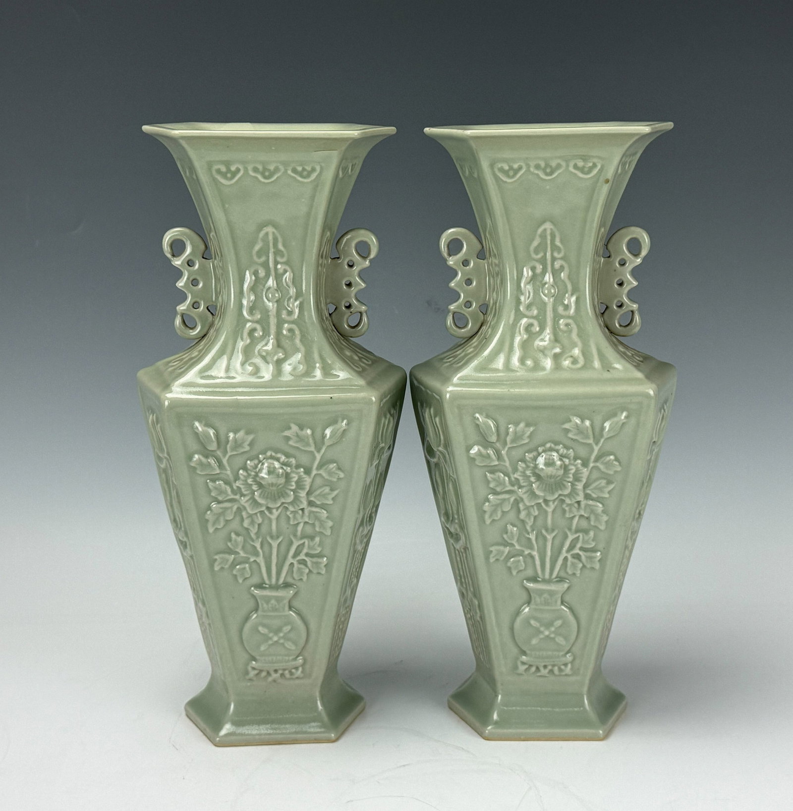 Two Pairs of Chinese Celadon Hexagon Vases with Double Handles (1 of 8)