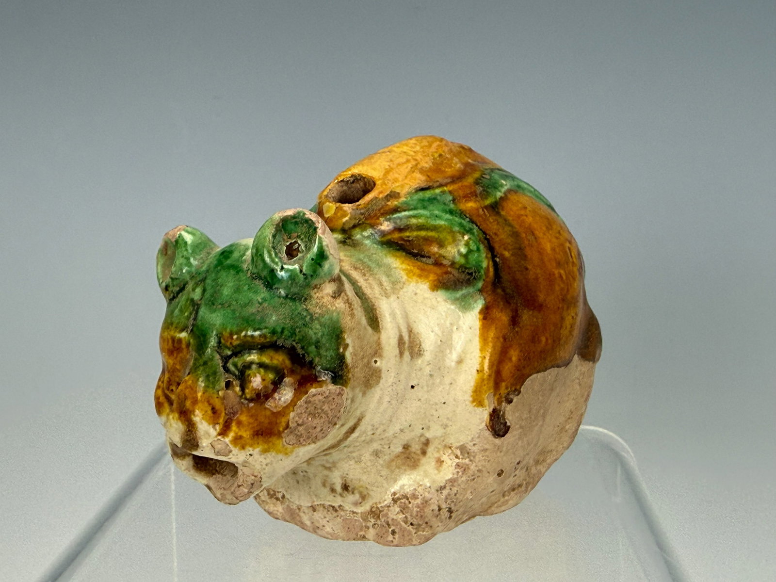 Anciant Chinese Small Sancai Glaze Pottery Cat Form Waterdropper (1 of 6)