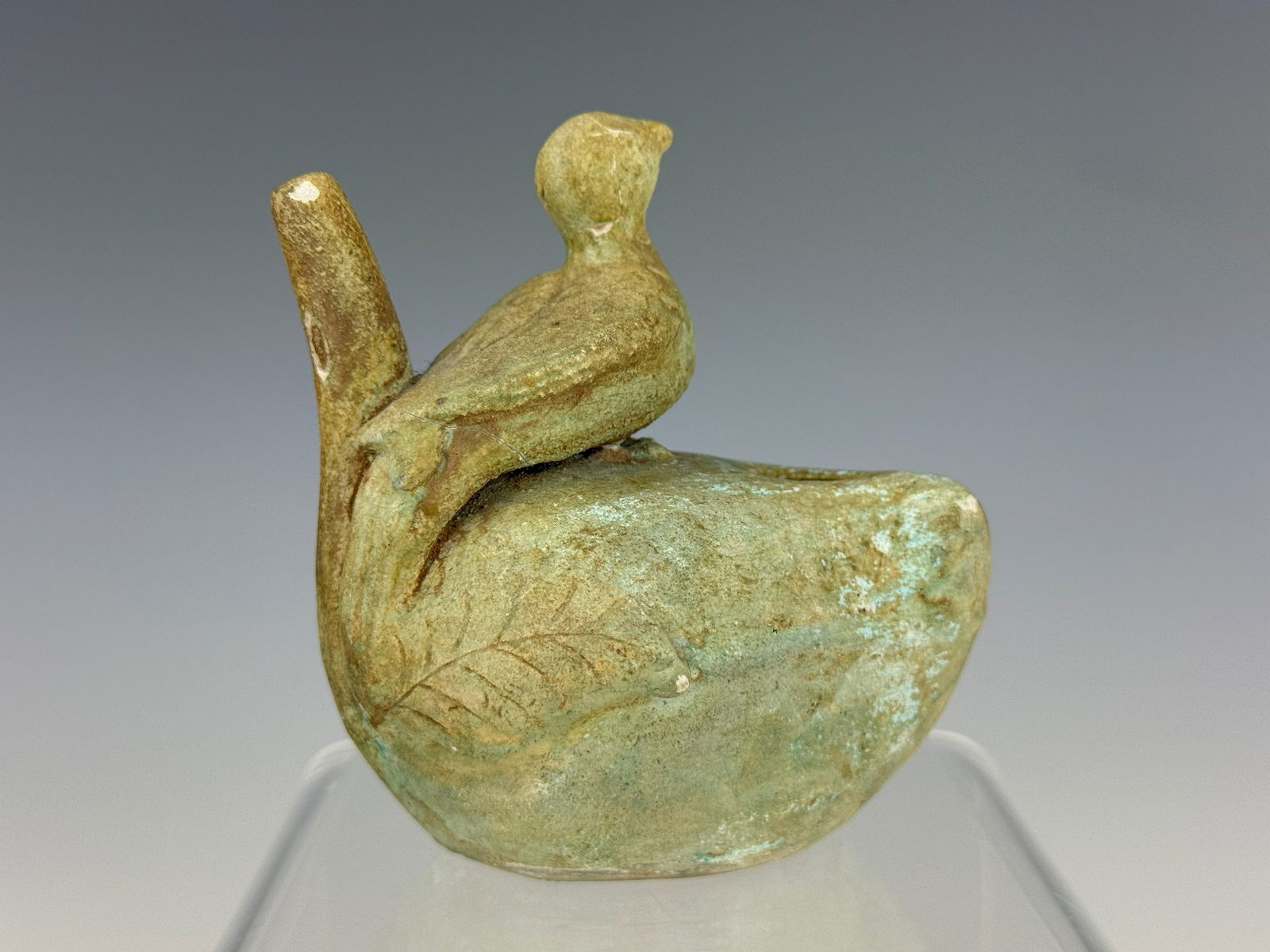 Chinese Qingbai Glazed Water Dropper With Bird and Leaves: Qingbai Glazed water dropper with a bird and leaves, H 9 cm (3.5 in) x W 9 cm (3.5in) x D 7.6 cm (3in),there are some repaired,sold as is. Preview from Apr 20th to 24th from 1:00 PM TO 5:00 PM Eastern