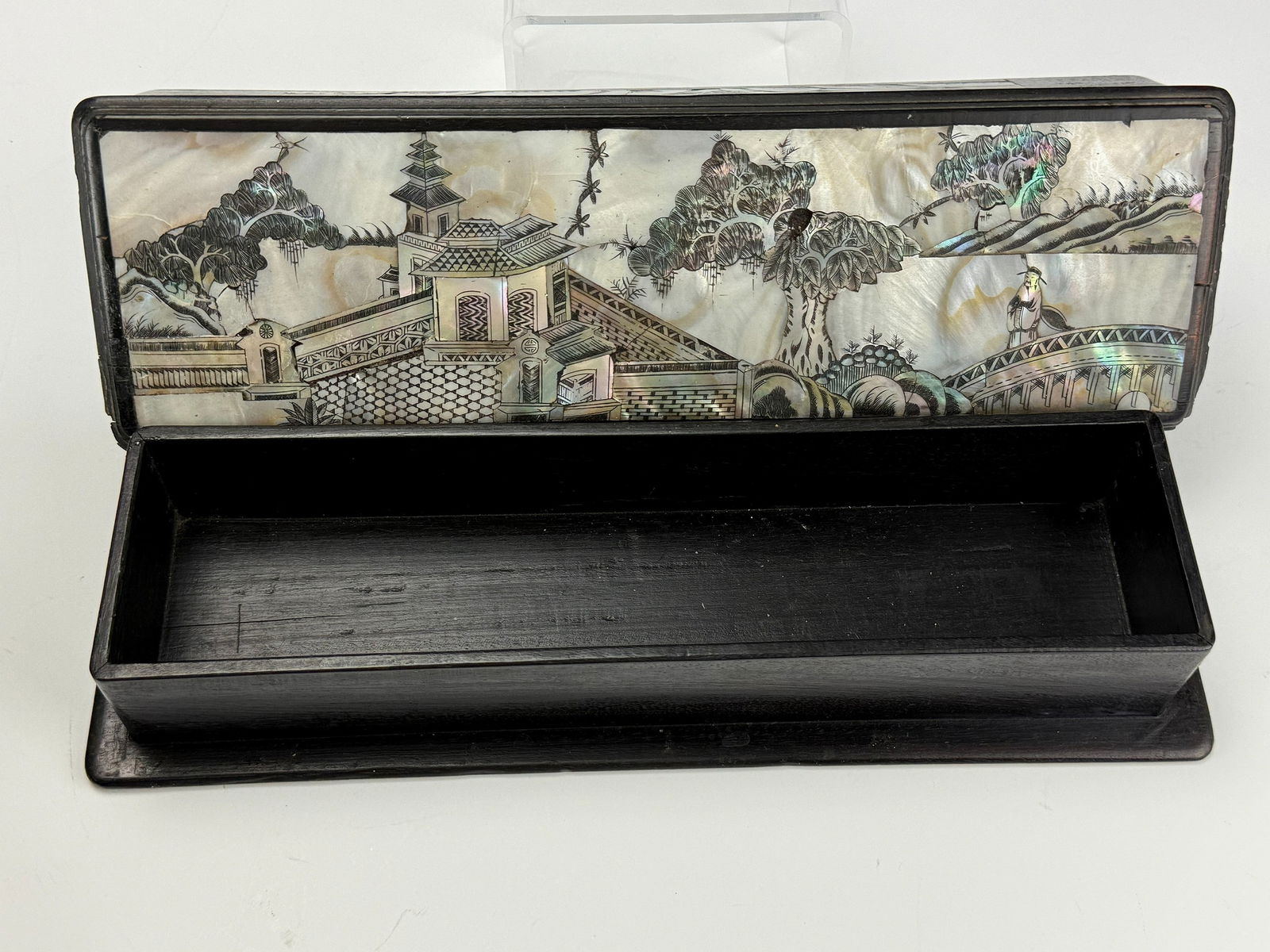 Antique Chinese Lacquerware Mother Of Pearl Jewelry Trinket Box: Lacquerware Mother-of-Pearl Jewelry or Trinket Box,W 33 cm (13in) x D11cm (4.5in) x H 7cm (2.8in). Preview from Apr 20th to 24th from 1:00 PM TO 5:00 PM Eastern Time, Location: 15229 Display Court, Ro