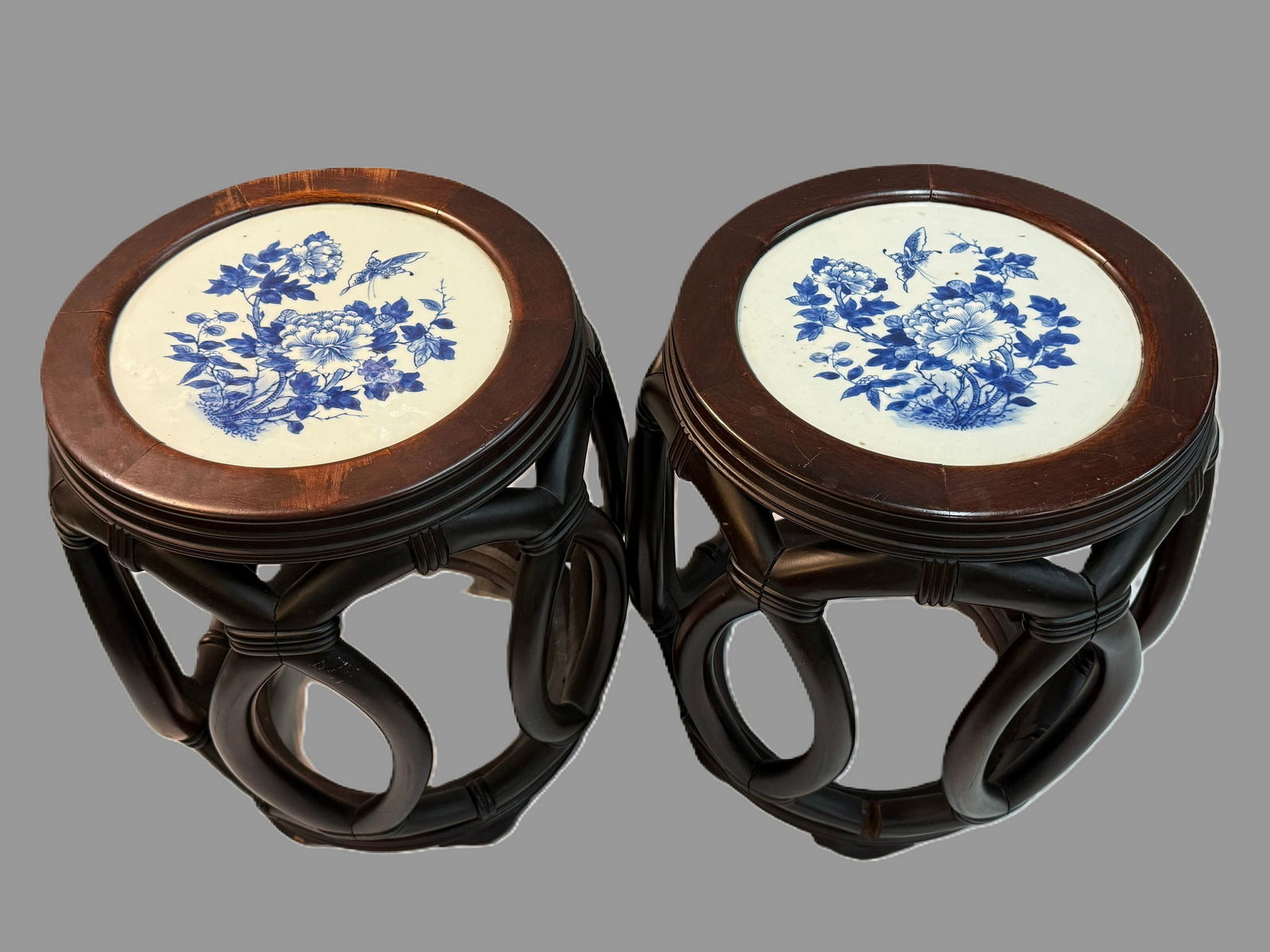 Two Chinese Hardwood Drum Stools With Blue and White Porcelain Top: Two Chinese Hardwood Drum Stools With Blue and White Porcelain Top,Stool H 46 cm (18 in)x D36cm(14in)x2, porcelian tile D 25 cm 10 in.).Preview from Apr 20th to 24th from 1:00 PM TO 5:00 PM Eastern Ti